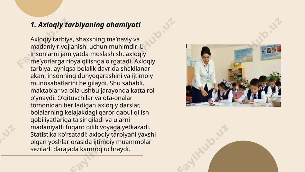 ar yosh avlodning axloqiy tarbiyasida muhim ahamiyatga ega. bu o‘yinlar orqali bolalar o‘zaro hurmat, jamoaviy ish, halollik va mardlik kabi fazilatlarni o‘rganadilar. masalan, "kurash" o‘yini chidamlilik va irodani tarbiyalashda qo‘l keladi. "oq terakmi, ko‘k terak" o‘yini esa tezkorlik va aniqlikni rivojlantirishga yordam beradi. milliy o‘yinlar orqali o‘qituvchilar bolalarni axloqiy qadriyatlar bilan tanishtiradilar. o‘zbekistonda milliy o‘yinlarni saqlash va rivojlantirish uchun har yili turli tanlovlar va musobaqalar tashkil etiladi. milliy o‘yinlarning tarbiyaviy ahamiyati haqida ko‘plab tadqiqotlar olib borilgan boʻlib, ular axloqiy tarbiyada samaradorligini tasdiqlaydi. ... t.me/slaydai_bot 7. maktabda axloqiy tarbiya maktabda axloqiy tarbiya o'quvchilarni jamiyatda to'g'ri va samarali yashashga tayyorlaydi. bu jarayon huquqiy bilimlar, mehnatga mehr-muhabbat, milliy va insonparvarlik qadriyatlarini singdirishni o'z ichiga oladi. axloqiy tarbiya darslari odatda har hafta o'tkaziladi va o'quvchilarga o'zlarining ahloqiy qoidalarini shakllantirishga yordam beradi. psixolog va pedagoglar ishtirokida sinf soatlari, suhbatlar, rolli o'yinlar va turli seminarlar tashkil etiladi. 10-18 yosh oralig'ida o'quvchilar uchun axloqiy tarbiya muhim ahamiyatga …