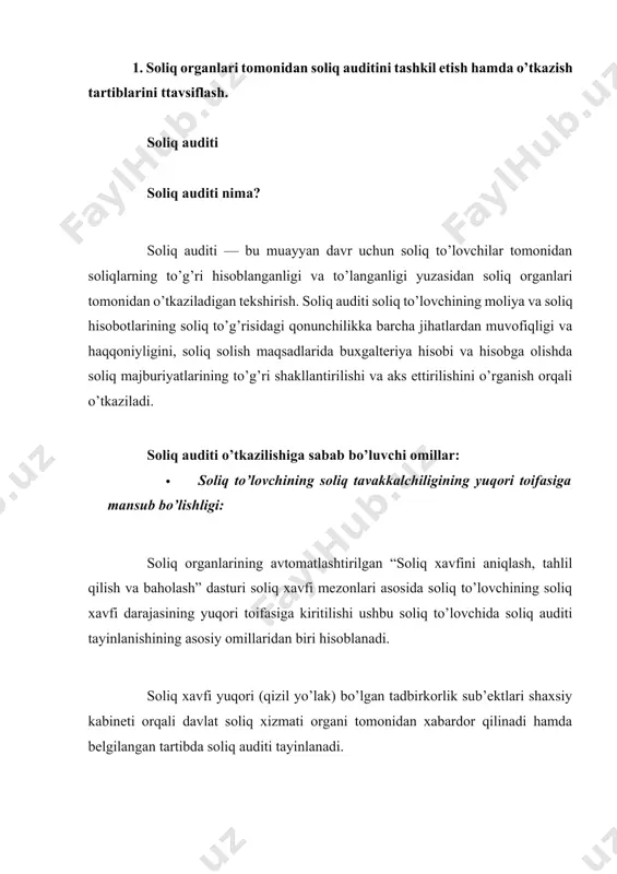 ’yicha ball berish davlat soliq qo’mitasi tomonidan soliq to’lovchilarning iqtisodiy faoliyat turi bo’yicha segmentlanishi va soliq davri uchun olingan daromad miqdoriga qarab belgilanadi. soliq xavfi darajasiga qarab soliq to’lovchilar maxsus dastur orqali soliq xavfi darajasini aniqlash mezonlari uchun belgilangan ballar va potentsial soliq xavfi asosida baholanadi hamda toifalarga ajratiladi. ko’pgina soliq xavfi darajasi mezonlari maxfiy axborot sifatida tan olingan, ammo quyida keltirilgan mezonlar ochiq ma’lumot sifatida ma’lum qilingan: - soliq yuki; - ilgari taqdim etilgan soliq hisobotlariga bir necha bor (bir hisobot davri uchun uch va undan ortiq marta) o’zgartirish va qo’shimchalar kiritilishi; - soliq hisobotida bir necha soliq davridagi (ikki va undan ortiq) zararlar aks ettirilishi; - soliq davri davomida soliq to’lovchining joylashgan joyi bir necha bor (ikki va undan ortiq marta) o’zgartirilishi va keyinchalik qayta ro’yxatdan o’tkazilishi; - qo’shilgan qiymat solig’i bo’yicha guvohnomasi bekor qilingan (ro’yxatdan chiqarilib tashlangan), shuningdek, tugatilgan, faoliyatini amalga oshirmayotgan, bankrot deb topilgan shaxslar bilan …