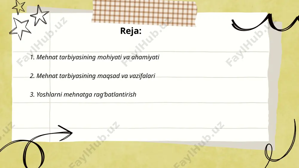lar o‘rtasida ishsizlik darajasi 14% ni tashkil etdi. davlat tomonidan yoshlar bandligini oshirish maqsadida bir qator dasturlar amalga oshirildi. jumladan, "yangi o‘zbekiston" strategiyasi doirasida 2023-yilda 500 mingdan ortiq yangi ish o‘rinlari yaratish rejalashtirilgan. yosh tadbirkorlarni qo‘llab-quvvatlash uchun 2022-yilda 1 trillion so‘mdan ortiq kredit mablag‘lari ajratildi. mehnat bozorida talablarga mos kasbiy mahoratni oshirish maqsadida ko'plab o'quv markazlari ochilmoqda. shu orqali yoshlarning ish bilan ta’minlanish imkoniyatlari sezilarli darajada oshishi kutilmoqda. ... t.me/slaydai_bot mehnat tarbiyasining pedagogik usullari o'quvchilarda kasb-hunarga qiziqish uyg'otish, mehnatsevarlikni rivojlantirish va amaliy ko'nikmalarni shakllantirishga qaratilgan. ushbu usullar orasida amaliy mashg'ulotlar, ekskursiyalar, ko'rgazmali ta'lim, rolli o'yinlar, loyiha ishlari va guruhiy faoliyat muhim o'rin tutadi. moliyaviy savodxonlik treninglari orqali o'quvchilar iqtisodiy bilimlarni egallashadi. statistikaga ko'ra, mehnat tarbiyasi muassasalari faoliyatida qatnashgan o'quvchilar 60% ga tezroq kasbiy o'sishga erishadilar. shuningdek, bunday usullar bolalar va o'smirlarning shaxsiy mas'uliyatini oshirib, jamoaviy ishlash qobiliyatlarini rivojlantiradi. pedagoglarning samarali ishlashi o'quvchilar orasida ijtimoiy mehnat faoliyatiga tayyorlik darajasini 30-40% yuqorilaydi. …