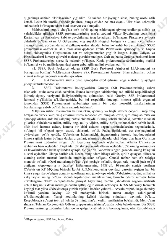ro shahar savdo idorasining direktori qudratovlarning poraxo'rligiga taalluqli ma`lumotlar dxqda bo`lgan. bu shaxslar buxoro viloyati firqa qo'mitasining birinchi kotibi a.karimov himoyasida bo`lgan va unga «oshirib» turishgan. a.karimov esa o'z navbanda sh.rashidov bilan yaqin aloqada bo`lgan. shu bois melkumov va uning gumashtalari o'z oldilariga muzaffarov va qudratovni fosh qilish orqali a.kanmovga chiqish va so'ngra u orqali sh.rashidovni «nishonga» olishni mo'ljallab harakat qilganlar. 1983-yilda buxoroda ilgaridan o'ylab rejalashtirilgan va amalga oshirilgan «operatsiya» tufayli muzaffarov va qudratovlar qamoqqa olindilar. ular xalqqa ma`lum bo`lgan birinchi o'zbek millionerlari bo'lib chiqdi. bu ish darhol moskvaga oshirildi va markazda ana shu tariqa «o'zbek ishi» paydo bo'ldi. sssr prokuraturasining tergov qismi boshlig'i g.p.karakozov darhol tergov guruhi tuzib, unga boshqa bir armani - t.x.gdlyanni rahbar qilib tayinladi. tergovchilar guruhiga kiritilgan vakillarining deyarlik hammasi gdlyan bilan yaqin va hamtovoq bo`lgan shaxslar edi. «paxta ishi», «qo'shib yozishlar» masalasi ham aslida 1983-yilda boshlangan. o'zkompartiya mqning xvi plenumi va unda inomjon usmonxo'jayevning markazdan …