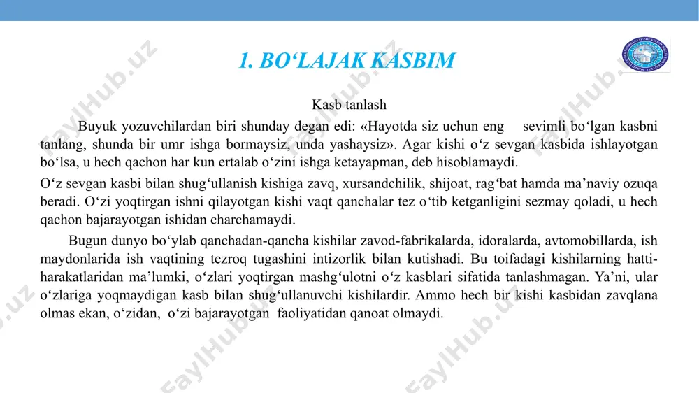 tdik. voy, chopib ketayapti-ku! – ot bo‘lgandan keyin chopadi-da. qo‘rqma, tezroq haydayver. zulfiya haqiqiy aravakashlarga o‘xshatib: – no-o-o! jonivor, no-o-o! – dedi. ot qattiqroq chopa boshlaydi. – qani, men olay, – sobir cholning qo‘lidan chelakni oldi. – o‘h-ho‘! muncha muzdek? – quduqning suvi-da, – dedi nazir ota g‘urur bilan. – tag‘in meshda olib keldim. ko‘p ichmang, o‘g‘lim, tomoq og‘rig‘i bo‘lib qolasiz. “fakultet kutubxonasida” mavzusida dialog tuzing. tayanch so‘zlar: kutubxonachi, o‘quv zali (qiroatxona), kitoblar javoni, ilmiy va badiiy kitoblar, darslik va qo‘llanmalar, osoyishtalik. suhbat matni men tanlagan kasb men maktabda o‘qib yurganimdayoq adabiyot faniga juda qiziqardim. badiiy asarlarni, shoir va yozuvchilarning hayoti va ijodi haqidagi kitoblarni ishtiyoq bilan o‘qir edim. mana hozir o‘zbekiston milliy universitetining filologiya fakultetida o‘qiyapman. biz o‘rganayotgan fanlar juda qiziqarli: adabiyot tarixi, folklor, tilshunoslik, tarjima nazariyasi va boshqalar. kelajakda men yaxshi mutaxassis bo‘lishni istayman. adabiyotshunoslikning ochilmagan sahifalarini o‘rganishni orzu qilaman. o‘zbek adabiyotining nodir durdonalarini jahon tillariga tarjima qilishni, …