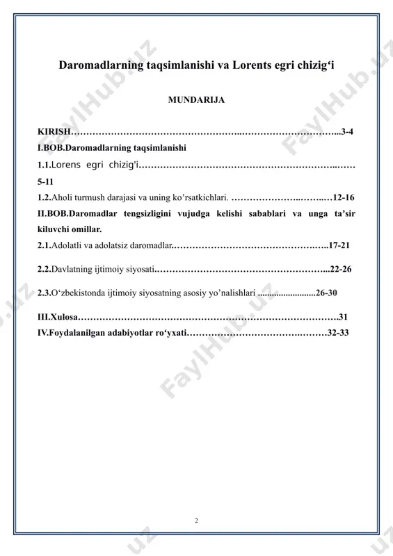 bor taʼkidlamok darkor. аynan mehnat tugrisida xalk makol va xikmatlari vujudga kelganligi bejiz emas, ularda malaniyat, sotsial munosabatlar, anʼanalar. va tajribalar aks ettiriladi. kupgina mumtoz sanʼat asarlarida xam mehnat munosabatlari uz ifodasini toptanligi bejiz emas. mehnat iktisodiyoti va sotsiologiyasi fan sifatida mehnat munosabatlari soxasidagi konuniyatlarni, shu jumladan mehnat moxiyati namoyon bulishining uziga xos shakllari,chunonchi ish bilan bandlik, mehnatni tashkil etish, unga xaklulash,uning samaradorligi, mehnat sotsiologiyasi bilan boglik bir kator muammolarni urganadi. kurs ishining maqsad va vazifalari: daromadlarning taqsimlanishini tahlil qilish: jamiyatdagi iqtisodiy tengsizlik darajasini aniqlash va uning sabablarini tushunish. lorents egri chizig'ini o'rganish: ushbu grafik vosita yordamida daromad tengsizligini ko'rsatish va uni tushuntirish. koeffitsiyentini hisoblash: daromadlarning tengsizligini aniq miqdorda baholash va tahlil qilish. “daromad” iqtisodiy faoliyat natijalarini ifodalovchi ko’rsatkich bo’lib, u serqirra va murakkab mazmunga ega hisoblanadi. chunki daromad bir vaqtning o’zida biron-bir faoliyat natijasida olingan tushumni, pul mablag’larini, natural ko’rinishda olingan mahsulotlarni, iqtisodiy resurslar keltiruvchi nafni va boshqa tushunchalami …