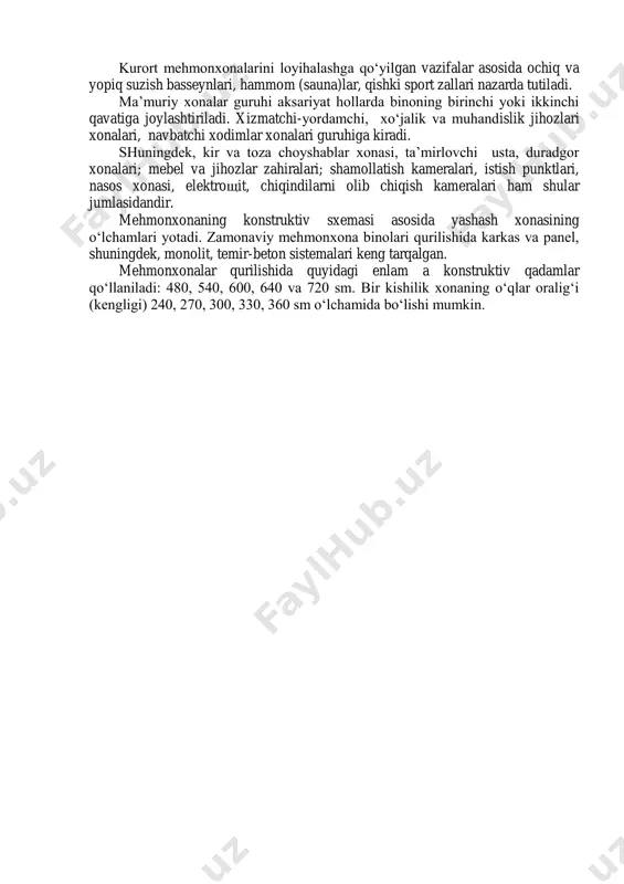 rning boshlariga to‘g‘ri keldi, xolos. shuning uchun bo‘lsa kerak hozircha global ekoturizmning umume’tirof etilgan nazariyasi va amaliyoti etarli darajada shakllanmagan. mehmonxona binolari odamlarning qisqa vaqt davomida yashashlari va madaniy- maishiy talab asosida xizmat ko‘rsatish maqsadlarida quriladi. bunday inshootlar barcha turdagi zaruriyat kommunal qulayliklar (suv, kanalizatsiya, istish qurilmalari va hokozo) bilan jihozlangan va zamonaviy qmq ga asoslangan xizmat ko‘rsatish kompleksi bilan ta’minlangan bo‘lishi zarur. komfortliligi, sig‘imi va texnik jihozlanganligi, shuningdek, taklif etiladigan xizmat ko‘rsatish hajmiga qarab o‘zbekistonla va xalqaro maydonla mehmonxonalar 5 qurilish razryadiga bo‘linadi. xonalarda bittadan to‘rtagacha o‘rin bo‘lishi mumkin. zamonaviy mehmonxona murakkab tuzilishga ega bo‘lib, bir nechta turli funksional xonalar guruhlaridan tashkil topadi hamda uning alohida qismlari o‘zaro o‘ziga xos texnologik bog‘lanishlarga ega bo‘ladi. taraqqiy etgan mehmonxona binosida asosiy funksional xonalar guruhiga qibul qilish va xizmat ko‘rsatish xonalari kiradi, ularni vestibyul guruhi deb atash mumkin; yashash xonalari guruhi, umumiy ovqatlanish xonalari guruhi, ma’muriy xonalar guruhi, shuningdek, muxandislik jihozlari xonalari …