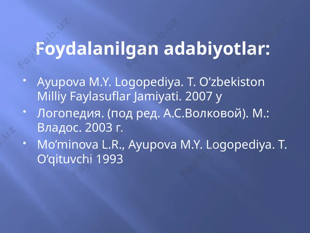 lanishida turli xil farqlar bo'lgan bolalarda (eshitish, ko'rish,fikrlash qobiliyatining hamda tayanch harakat apparatining buzilishihollarida) nutqning shakllanishi va nutq buzilishlari xususiyatini o'rganish. 5. nutq buzilishining kelib chiqish sabablari, mexanizmlari, tuzilishi va alomatlarini aniqlash. 6. nutq buzilishlarining pedagogik tashxisi, metodlarini ishlab chiqish. 7. nutq buzilishlarini tartibga solish. 8. nutq buzilishini bartaraf etish tamoyillari, differensiyalashgan metodlari va vositalarini ishlab chiqish. 9. nutq buzilishining oldini olish metodlarini takomillashtirish. 10. logopedik yordamni tashkil etish masalalarini ishlab chiqish. nazariy tomoni nutq buzilishlarini o'rganish hamda ularning oldini olish, aniqlash va tuzatishning ilmiy asoslangan metodlarini ishlab chiqish amaliy tomoni nutq buzilishining oldini olish, aniqlash va bartaraf etishni o'z ichiga oladi. logopediyaning boshqa fanlar bilan aloqasi tizimlararo tizim ichidagi tizim ichidagi fanlar umumiy pedagogika umumiy psixologiya maxsus psixologiya surdopedagogika tiflopedagogika oligofrenopedagogika tizimlararo aloqa tibbiy-biologik fanlar tilshunoslik fanlari e’tiboringiz uchun raxmat! image2.png image3.png image4.png /docprops/thumbnail.jpeg