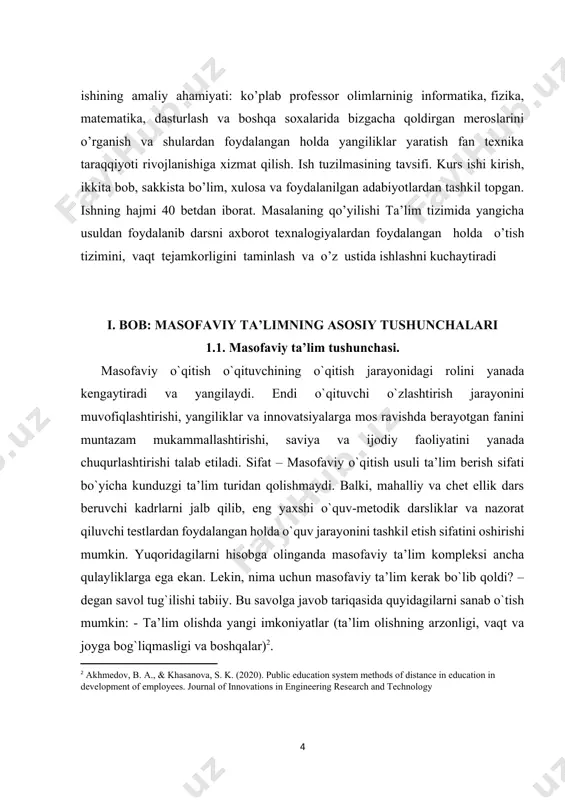 iy ta’lim kerak bo`lib qoldi? – degan savol tug`ilishi tabiiy. bu savolga javob tariqasida quyidagilarni sanab o`tish mumkin: - ta’lim olishda yangi imkoniyatlar (ta’lim olishning arzonligi, vaqt va joyga bog`liqmasligi va boshqalar)[footnoteref:2]. [2: akhmedov, b. a., & khasanova, s. k. (2020). public education system methods of distance in education in development of employees. journal of innovations in engineering research and technology ] ta’lim maskanlariga talaba qabul qilish sonining cheklanganligi. - ta’lim olishni xohlovchilar sonining oshishi. - sifatli axborot texnologiyalarining paydo bo`lishi va rivojlanishi. - xalqaro integratsiyaning kuchayishi. yuqorida sanab o`tilgan sharoit va imkoniyatlar masofaviy o`qitishga ehtiyoj borligini ko`rsatadi. umuman olganda masofaviy ta’limning maqsadiga quyidagilar kiradi 1)mamlakat miqyosidagi barcha hududlar va chet eldagi barcha o`quvchilar, talabalar, ta’lim olishni xohlovchilarga birdek ta’lim olish imkoniyatini yaratib berish. 2) yetakchi universitetlar, akademiyalar, institutlar, tayyorlov markazlari, kadrlarni qayta tayyorlash muassasalari, malaka oshirish institutlari va boshqa ta’lim muassasalarining ilmiy va ta’lim berish potensiallaridan foydalanish evaziga ta’lim …