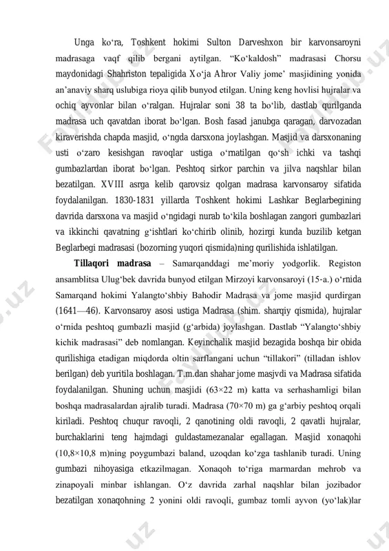 ravoq (bal. 16,5 m), uning 2 yonida guldastalar (bal. 32 m) bor. ravoq tepasidagi yulduzli osmon aks etgan qanos bezaklari oʻziga xosdir. guldasta tepasi muqarnas, sharafalar bilan yakunlangan. peshtoq ravogʻi cheti morpech shaklida, tokchasidagi namoyonlar oʻziga xos uslubda pardozlangan. peshtogʻi, guldastasi va tashqi devorlarida girih naqshining turli betakror namunalari aks etgan. ganchkori panjaralar orqali xonaga yorugʻlik tushib turadi. moviy va koʻk koshin hamda sopol gishtlar vositasida samarqanddagi ulugbek madrasas geometrik naqshlar bilan bezatilgan devor satqi yozuvlar bilan oʻzaro uygʻunlashib, koʻzga yaqqol tashlanib turadi. peshtoq orqali chorsi hovli (30×30 m)ga oʻtiladi. hovli atrofi 2 qavatli hujralar (48 ta) bilan oʻralgan, har bir qujra qaznoq, yotoqxona, umumiy xonadan iborat. madrasaning shim. va jan. tarzlari oʻrtasida tashqi tomondan alohida peshtoqlar bor. 3.6-rasm. 2. girix naqshlarini chizish tartibi. 3.7-rasm. 3.8-rasm. 3.9-rasm. 3.10-rasm. 3.11-rasm. 3.12-rasm. 3.13-rasm. 3.14-rasm. 3.15-rasm. 3.15-rasm. mavzuni mustahkamlash uchun savollar: 1. o‘rta osiyo me’moriy yodgorliklari haqida nimani bilasiz? 2. ichanqal’a me’moriy obidasi …