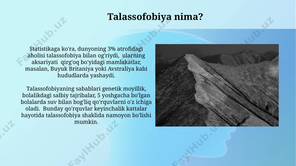 ri, masalan, atlantika okeanining chuqur qismlaridan qo'rqishadi. agrofobiya bilan bog'liq xurujlarning 60% dan ko'prog'i ochiq maydonlarda yoki katta shaharlarning markaziy maydonlarida, masalan, toshkentning mustaqillik maydonida yuz beradi. talassofobiyaning sabablari talassofobiyaning sabablaridan biri bolalik davrida suv bilan bog'liq salbiy tajribalar, masalan, 5 yoshli bolaning dengizda cho'kib ketish xavfi yoki 10 yoshli bolaning kuchli to'lqinlar bilan duch kelishi natijasida paydo bo'lishi mumkin. genetik moyillik ham talassofobiyaning rivojlanishiga hissa qo'shishi mumkin. tadqiqotlar shuni ko'rsatdiki, agar oila a'zolaridan birida talassofobiya bo'lsa, boshqa a'zolarda ham bu qo'rquv 20% ga ko'proq uchraydi. agrofobiya va talassofobiyaning o'xshashliklari dunyo bo'ylab, taxminan 7 dan 10 gacha odam agrofobiya yoki talassofobiya alomatlarini boshdan kechirgan, bu esa 150 million kishini tashkil etadi, asosan shahar va qirg'oq bo'yidagi hududlarda. ikkala fobiya ham psixoterapiya va xulq-atvor terapiyasi kabi 2-3 oy davom etadigan davolash usullariga yaxshi javob beradi, natijada 80% dan ortiq bemorlarda sezilarli yaxshilanish kuzatiladi, ayniqsa, kognitiv terapiya usullari qo'llanilganda. agrofobiyaning davolash usullari …