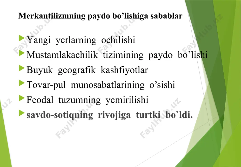 alikni rivojlantirishdir. bu g`oya (30-yillardan keng tus oldi) hozirgi iqtisodiy ta'limotlar yo`nalishidan biridir. merkantilizm iqtisodiy ta'limotining tarixiy taqdiri xviii asrning oxirida merkantilizm iqtisodiy ta'limot yo`nalishi sifatida tarix sahnasidan tushdi. sanoat inqilobi (to`ntarishi) sharoitida bu ta'limot va unga asoslangan siyosat hayot talabiga javob bermay qo`ydi. xo`sh, bu ta'limot nega tarix sinovidan o`ta olmadi, uning "bo`sh joylari" nimalardan iborat? merkantilizm ispaniyada merkantilizm ispaniya, italiya, angliya va fransiyada ancha keng tarzda rivojlandi. masalan, ispaniyada boylik qimmatli metall, pul bilan bir narsa deb qaralgan. shu bois, ispaniyada xvii asrning boshigacha mamlakatdan oltin va kumushni olib chiqish (o‘lim jazosi tahlikasi ostida) taqiqlangan. bunday qattiq chora-tadbirlar mamlakat hayotiga salbiy ta‘sir korsatadi. xalqaro savdoda chetga chiqib qolgan ispaniya iqtisodiy rivojlanishda ancha orqada qolib ketdi. bu ta'limotning xatolari bu ta'limotning xatolarini, klassik maktab vakillari, hatto ayrim merkantilistlar ham tan olgan. a.smitning fikricha, bu " bizning savdogar va sanoatchilar tomonidan anglashilmovchilikning qorishmasidan iborat va boylik bu pulga egalik bilan …