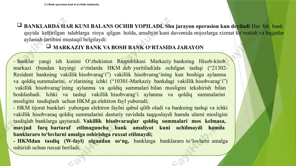 hisoboti tahlil qilinib, bank bxm(filial)i rahbari hamda bosh buxgalteri tomonidan imzolangandan so‘ng yakunlanadi. 2.2. banklarda buxgalteriya hisobi hisobvaraqlar rejasi. bank balansi aktiv va passiv qismlardan iborat bo‘lib, uning iqtisodiy mohiyati tenglik degan ma‘noni anglatadi. bank balansi dastlabki buxgalteriya ma‘lumotlari asosida ish kunining oxirida tuziladi. balansda yordamchi (analitik hisob) kitobning ma‘lumotlari asosida jamlangan bosh (sintetik hisob) kitob qoldiq summalarining yig‘indisi aks ettiriladi. balans yordamida bank resurslarining shakllanishi va joylashishi, kredit, hisob–kitob, kassa va boshqa operatsiyalar holati ustidan nazorat amalga oshiriladi. bank buxgalteriya hisobvaraqalari rejasi adliya vazirligidan 2021 yil 26 noyabrda 3336-son bilan ro‘yxatdan o‘tkazilgan. ushbu hisobvaraqlar rejasi o‘zbekiston respublikasi tijorat banklarida yagona buxgalteriya hisobini tashkil etish va yuritishning metodologik asosini belgilab beradi. hisobvaraqlarni kodlashtirish quyidagi maqsadlar uchun ishlab chiqilgan: - hisobvaraqlarning bosh va yordachi kitoblarda joylanishini engillashtirish -hisobvaraqlarni bir tizimda tasniflash va guruhlashga yordam berish - hisob jarayonlarini avtomatlashtirishni engillashtirish -operatsiyalar yozuvini tezlashtirish. bosh kitobda hisobvaraqlar quyidagi sxema bo‘yicha kodlashtiriladi: c …