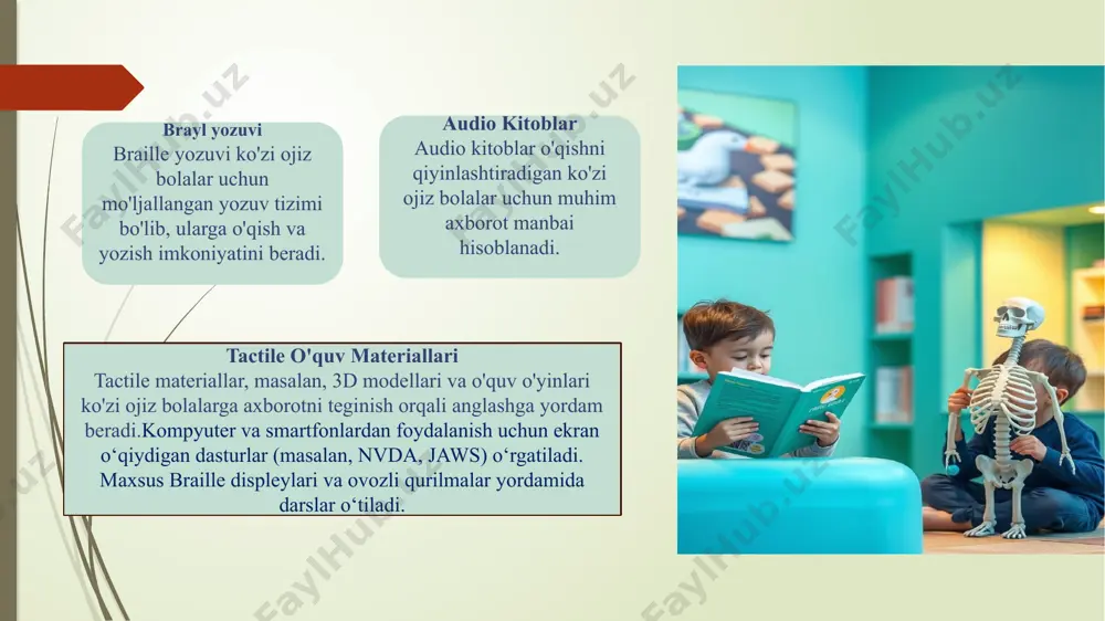 nish tactile materiallar va teginish orqali amalga oshiriladigan o'quv usullari axborotni yaxshiroq anglashga yordam beradi. taktile materiallar – bu ko'rish imkoniyati cheklangan yoki boshqa maxsus ehtiyojga ega shaxslar uchun mo‘ljallangan maxsus materiallar bo‘lib, ular asosan sezgi (tanos) orqali ma'lumot olishni ta'minlaydi. ular ta’lim, reabilitatsiya va kundalik hayotda foydalaniladi. taktile materiallarning asosiy xususiyatlari: 1. yuzaki tuzilishi: har xil shakldagi va o‘lchamdagi bo‘rtiqlar, chiziqlar yoki to‘qimalar bilan ishlangan bo‘lib, qo‘l yoki oyoq bilan sezib tushunishga yordam beradi. 2. material turi: plastik, metall, kauchuk yoki boshqa seziladigan materiallardan tayyorlanadi. 3. kontrast: ko'rgan insonlar uchun ranglarning kontrasti ham muhimdir, masalan, qora va oq chiziqlar. taktile materiallarning qo‘llanilishi: 1. ko'rish imkoniyati cheklangan shaxslar uchun yo‘riqnomalar: taktile xaritalar va diagrammalar. yo‘l-yo‘riq belgilar (masalan, braille yozuvi). 2. ta’lim jarayonida: o‘quv qo‘llanmalar va o‘yinchoqlar. geometrik shakllar, diagrammalar va modellar. 3. transport va jamoat joylarida: taktile yo‘laklar (maxsus teksturali yo‘llar). lift tugmalari yoki avtomat kassalardagi braille yozuvlar. 4.qurilish va …