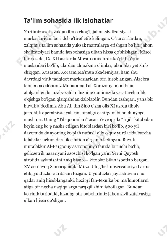 , jaloliddin manguberdi, amir temur, bahouddin naqshband, abdurauf fitrat, abdulhamid cho‘lpon va hokazolarni keltirish mumkin. mamlakatimiz mustaqillikka erishgandan so‘ng, barcha sohalarda tub islohotlar amalga oshirila boshladi. ayniqsa ta’lim sohasiga katta e’tibor qaratildi. ta’lim-tarbiya tizimi takomillashgani sayin odamlarning ma’naviyati, ongi, tafakkur doirasi shakllanib, yuksalib bordi. ta’lim tizimini har tamonlama, shaklan va mazmunan isloh qilish, yangilash lozim edi. zero, jamiyat yangi shaxsni tarbiyalashni talab etayotgan bir paytda odamlarning ongi, dunyo qarashi, bilim saviyasini o‘zgartirmay, uni zamonaviylashtirmay turib yangi jamiyatni barpo etib bo‘lmasdi. (manba: m.mfa.uz) yurtboshimiz islom karimov mustaqillik yillarida ushbu jihatlarni inobatga olgan holda, odamlarda yangicha, milliy qadriyat va an’analarimizga asoslangan dunyoqarashni shakillantirish maqsadida, ta’lim va tarbiyaga juda katta e’tibor qaratganlar. jumladan u: “ta’lim o‘zbekiston xalqi ma’naviyatiga yaratuvchilik faolligini baxsh etadi. o‘sib kelayotgan avlodning barcha eng yaxshi imkoniyatlari unda namoyon bo‘ladi, kasb-kori, mahorati uzluksiz takomillashadi, katta avlodlarning dono tajribasi anglab olinadi va yosh avlodga o‘tadi. yoshlar, ularning iqtidorliligi va bilim olishga chanqoqligidan …