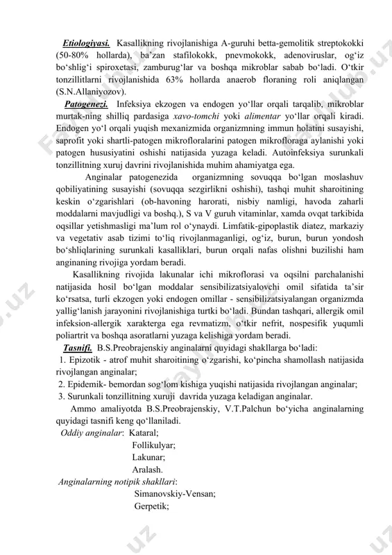 zaharli moddani qanday vaziyatda ichganligi, bemorning umumiy ahvoli, ichgan ichimlikni hidi, qayt qilingan suyuqlikni xarakteri va boshqa tekshiruvlar natijasini e’tiborga olgan holda qo‘yiladi. bemor yutinganda og‘riqni paydo bo‘lishi, nafas olishi va yutinishi qiyinlashganligi, og‘zidan ko‘p miqdorda so‘lak oqishi e’tiborga olinadi. tekshiruv paytida vrach kuyish qachon va qanday vaziyatda sodir bo‘lganligini, kuydiruvchi moddani va organizmning umumiy zaharlanish darajasini aniqlashi lozim. faringoskopiyada kuygan maydonning hajmi va kuyish darajasi aniqlanadi. kerak bo‘lganda halqumning rentgenologik tekshiruvi o‘tkaziladi. davolash. bemorga shoshilinch ravishda birinchi tibbiy yordam ko‘rsatiladi. kimyoviy kuyishlarda zaharli moddani neytrallashga qaratilgan choratadbirlar o‘tkaziladi. kislota bilan zaharlanganda halqum ohak suvi, ishqor bilan zaharlanganda esa 1% sirka kislotasining eritmasi yoki sut va suv aralashmasi (1:2) yoki tuxum oqsili bilan oshqozon va qizilo‘ngach yuviladi. bemorga ichish uchun og‘riqsizlantiruvchi dori buyurilib, parxez taomlar tavsiya etiladi. keyingi davolash tadbirlari kuyish, organizmning umumiy zaharlanish va nafasning buzilish darajalarsiga, qarab o‘tkaziladi. halqum va og‘iz bo‘shlig‘ining yengil kuyishlarida jarohat maydoniga 0,5% novokain …