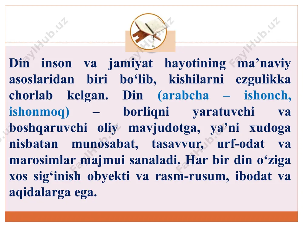 shdan iborat. “dinshunoslik” fanining maqsadi: “dinshunoslik” fanining vazifalari: o‘quvchi yoshlarda din va uning turli shakllari, ta’limoti, yo‘nalishi va oqimlari haqida to‘g‘ri, sog‘lom dunyoqarashni shakllantirish; – fuqarolarning faoliyati vijdon erkinligiga doir qonun talablariga muvofiq ekanligi hamda e’tiqodi sog‘lom shaxs ma’naviyatida milliy va diniy qadriyatlar uyg‘unligining o‘ziga xos jihatlarini o‘quvchi yoshlar ongiga singdirish; – o‘quvchi-yoshlarni diniy qadriyatlarga hurmat bilan qarash, turli dinlar va ularning vakillariga hurmat bilan munosabatda bo‘lish, insoniyat tamadduniga ulkan hissa qo‘shgan ulug‘ allomalarimiz bilan faxrlanish kabi yuksak fazilatlar ruhida tarbiyalashdan iborat. dinlar unga e’tiqod qiluvchilarning soni, miqyosi, o‘zining ma’lum millat yoki xalqqa xosligi yoxud millat tanlamasligiga ko‘ra turli guruhlarga bo‘linadi: 1. urug‘-qabila dinlari – totemistik, animistik, fetishistik tasavvurlarga asoslangan, o‘z urug‘idan chiqqan sehrgar, shomon yoki qabila boshliqlariga sig‘inuvchi dinlar. ular millat va jahon dinlari ichiga singib ketgan bo‘lib, hozirda avstraliya, janubiy amerika va afrikadagi ba’zi qabilalarda saqlanib qolgan; 2. milliy dinlar – ma’lum millatga xos bo‘lib, boshqa millat vakillari …