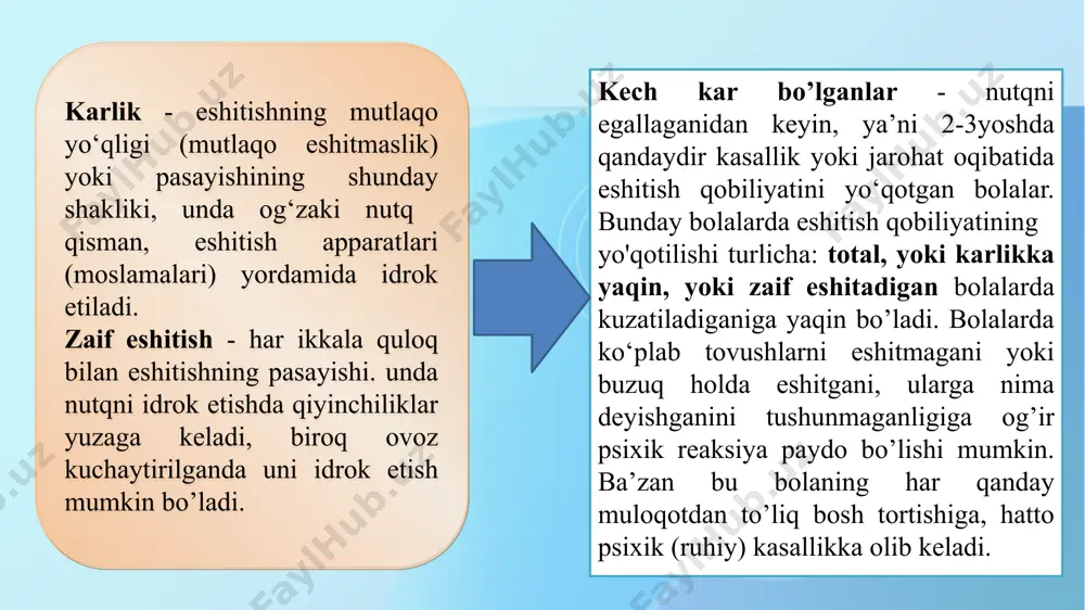 bog‘langan. kasallikning klinik belgilari: 1. kasallik o‘tkir xurujlar holida, hech qanday asossiz sabablar bilan boshlanadi. 2. uchlik belgilar: sistemali bosh aylanishi (nistagm ii—iii st), eshitish pasayishi va quloqda shovqin paydo bo‘lishi, ko‘ngil aynishi va qusish. 3. kasallik tez-tez xuruj qilib, bir-ikki kungacha davom etadi. 4. xurujlar o‘rtasida vestibulyar analizatorning funksiyasi tola tiklanishi bilan xarakterlanadi. davolash: 1. konservativ: — eomir kengaytiruvchi preparatlar (nikotin kislota, austilamin, papaverin); — vnsga ta’sir qiluvchi preparatlar (aeroid, belloid, belataminol);— elektrolitlar almashinuvini yaxshilovchi preparatlar: 4% natriy gidrokarbonat 2. jarrohlik. — endolimfa qopchasiga shunt qo'yish, o‘rta quloqning nerv tizimi (xordopleksusotomiya)ni kesish, bo‘yin simpatik tugunchasini olib tashlash. eshitish analizatori fiziologiyasini o‘rganish bilan otorinolaringologiyaning audiologiya bo‘limi shug‘ullanadi. eshitish qobiliyatini miqdoriy o‘lchashga audiometriya deyiladi. audiometrik tekshirishlarni obyektiv va subyektiv usullarga bo‘lishimiz mumkin. akumetriya (eshitish pasporti). bu har qanday poliklinika sharoitida ham amalga oshirsa boladigan, o‘up mablag‘ talab qilmaydigan, umumiy amaliyot shifokorlariga ham qo‘l keluvchi usul hisoblanadi. audiometriya. • tonal, bo‘sag‘a audiometriyasi. …