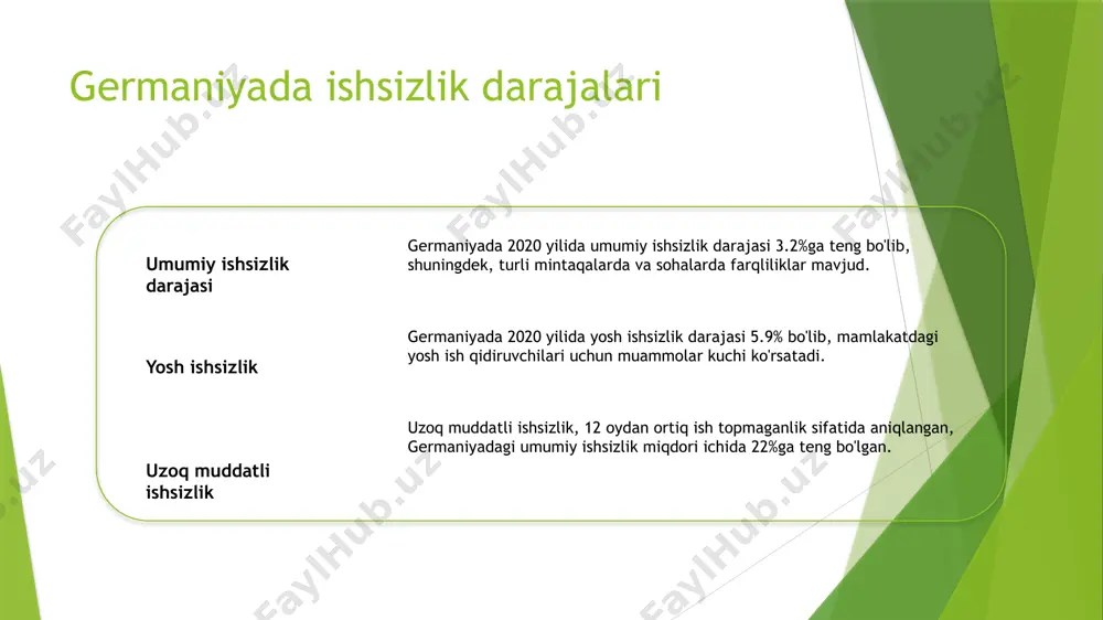 arqaror amallarga yo'naltirilishiga olib kelgan. germaniyada sog'liqni saqlash xarajatlari va sog'lik statistikasi 1 2 3 germaniyada sog'liqni saqlash xarajatlari germaniyada sog'lik statistikasi jamoaviy vs shaxsiy sog'lik xarajatlari 2020 yilida germaniyada sog'liqni saqlash xarajatlari 376 milliard yevroga ega bo'lib, uning mhtpga nisbatan 11.6% ni tashkil etmoqda. germaniyada o'rtacha umr 81 yil, 1,000 tug'ilgan bolalardagi infantil o'lim darajasi esa 3.2 ta o'limni tashkil etadi. germaniyada 76% jamoaviy fondlardan, 24% esa shaxsiy manbalardan kelib chiqqan qarindosh sog'lik tizimi mavjud. germaniyada ta'lim va ma'lumotlilik darajalari 1 2 3 germaniya ta'lim tizimi ma'lumotlilik darajalari oliy ta'lim germaniyada ta'lim tizimi yuqori sifatli sifatiga ega bo'lib, kasb-hunar ta'limi va o'quvchilarni o'rgatish dasturlariga kuchli e'tibor qaratadi. germaniyada ma'lumotlilik darajasi 99% dan ortiq, umumiy kutubxonalar tarmoqlari va kitob o'qishga kuchli madaniyat bilan ajralgan. germaniya dunyoning eng yuqori universitetlariga uy ekan, talabalarga turli darajadagi dasturlar va tadqiqot imkoniyatlari taklif qiladi. germaniya demografik tendensiyalari va fuqarolar statistikasi fuqarolar o'sish tezligi o'tgan …