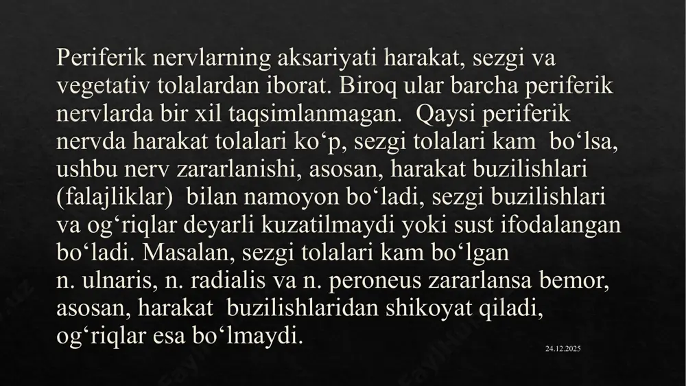 boshlashga bog'liq. qoida tariqasida, agar bemor imkon qadar tezroq nevrologga murojaat qilsa, unda tiklanish ehtimoli ancha yuqori. 19.05.2023 pleksit bu nerv chigallarining o'ziga xos nosptsifik yallig'lanish kasalligi. pleksit ko'pincha bir tomonlama va har qanday yoshda uchrashi mumkin. ikka tomonlama shakli kam uchraydi va uzoq vaqt tiklanish talab qiladi. 19.05.2023 etiologiya patologiya deyarli har doim birga keladigan kasalliklar fonida o'zini namoyon qiladi, ular orasida: osteoxondroz; o'sma shakllanishi; diskning siljishi (protrusion); skolioz; periartrit va boshqalar. 19.05.2023 19.05.2023 og'riq yallig'lanishning o'ziga xos belgisidir. og'riqning lokalizatsiyasi patologik jarayonda ishtirok etadigan ildizlarga bog'liq. shuning uchun, odam bo'yin, elka, bilakdagi noqulaylikdan shikoyat qilishi mumkin. og'riq boshqa xarakterga ega. bu yonish, otish, kechasi aniqroq bo'lishi va tananing boshqa qismlariga tarqalishi mumkin. bu alomat odamni tananing majburiy pozitsiyasini egallashiga olib keladi. og'riqdan tashqari, quyidagi alomatlar paydo bo'ladi: sezuvchanlikning pasayishi, yo'qligi yoki ortishi; oyoq-qo'llarning harakatchanligini cheklash. 19.05.2023 agar pleksit o'z vaqtida davolanmasa, asoratlar paydo bo'lishi mumkin, ular orasida: mushaklar …
