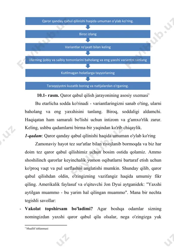 y masala nima? eng muhim qaror qaysi? ba'zi qarorlar boshqalarga bog'liq va asosiy qarorlar birinchi navbatda bo'lishi kerak. masalan, pulingizni qanday qilib sarmoya kiritishga qaror qilishdan oldin, avval qancha mablag 'sarflashingiz va qancha tavakkal qilishingiz mumkinligi to'g'risida qaror qabul qilishingiz kerak. · qarorimga salbiy ta'sir ko'rsatadigan narsa bormi? qarorlar bir tomonlama bo'lishi mumkin. hozirgi vaziyatda sizning ob'ektivligingizga ta'sir qilishi mumkin bo'lgan biron bir narsa bor-yo'qligini o'ylab ko'ring. hissiyot paytida katta qarorlar qabul qilish odatda yaxshi fikr emas. imkoningiz bo'lsa, qarorni qoldiring yoki keyinroq xotirjamroq bo'lganingizda qarorni bajaring. 2-qadam: bir oz tadqiq qiling ma'lumot odatda yaxshiroq qaror qabul qilishimizga yordam beradi. internet asrida xarid qilishni o'ylab ko'ring. qimmatbaho buyumni sotib olishdan oldin, onlayn tekshiruvlarni tekshirib, narxlarni taqqoslash yaxshi fikr. boshqa joyda yaxshiroq kelishuvni topishingiz yoki undan ham yaxshiroq narsaga duch kelishingiz mumkin. bu qarorlarni qabul qilishda ham to'g'ri keladi. siz tadqiqotni boshlashingiz bilan boshlashingiz mumkin: boshqa odamlar ham shunday vaziyatda bo'lganmi …