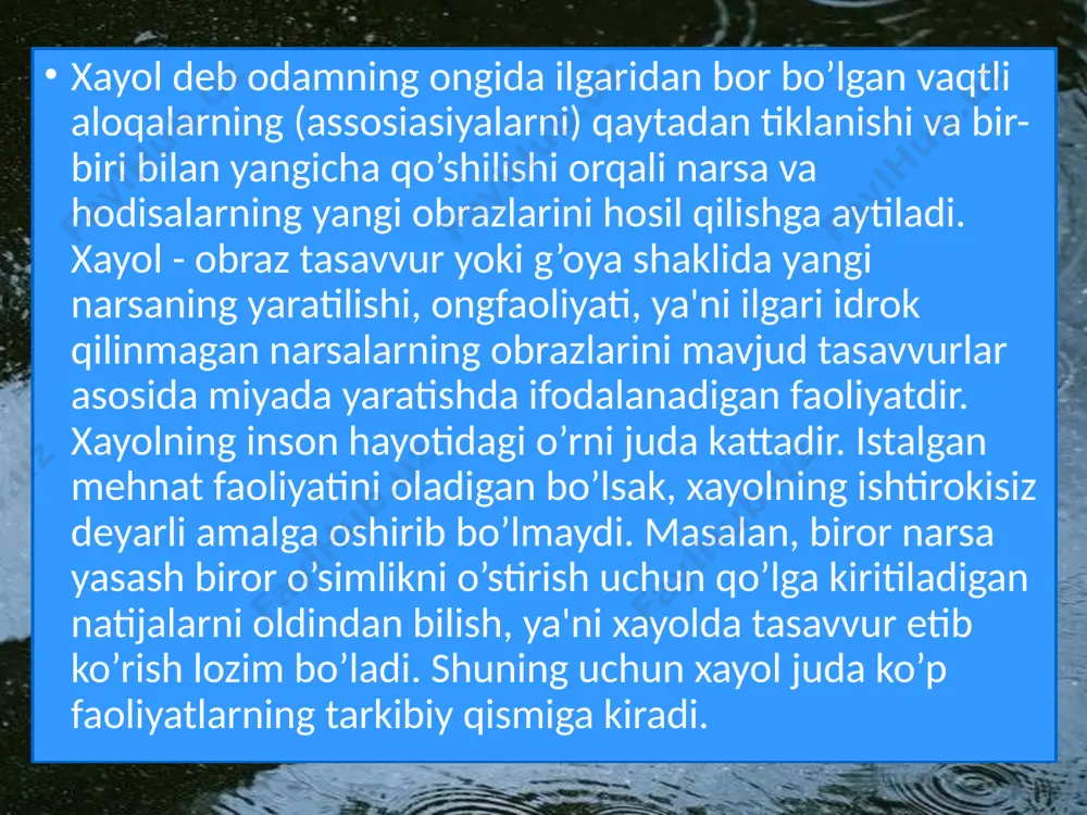m o’zi ishlamoqchi bo’lgan suratning mavzusini o’zi belgilaydi. yozuvchi yozmoqchi bo’lgan asarning mavzusini o’zi tanlaydi va o’zi badiiy obrazlarni yaratadi. umuman san'at asarlarining hammasi ixtiyoriy xayol natijasida maydonga keladi. e'tiboringiz uchun tashakkur mbx-au-23 guruhi talabasi qodirova ziyoda image1.jpeg image2.jpeg image3.jpeg image4.jpeg image5.jpeg image6.jpeg image7.jpeg image8.jpeg image9.jpeg image10.jpeg