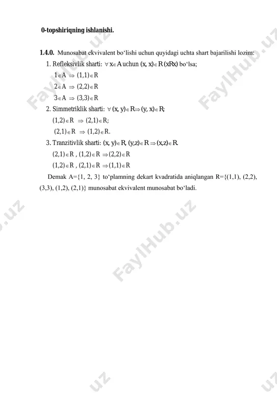 3. tranzitivlik sharti: (x, y)r, (y,z)r  (x,z)r. (2,1)r , (1,2)r  (2,2)r (1,2)r , (2,1)r  (1,1)r demak a={1, 2, 3} to‘plamning dekart kvadratida aniqlangan r={(1,1), (2,2), (3,3), (1,2), (2,1)} munosabat ekvivalent munosabat bo‘ladi.