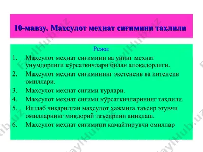 маҳсулот меҳнат сиғимини таҳлили — PPT