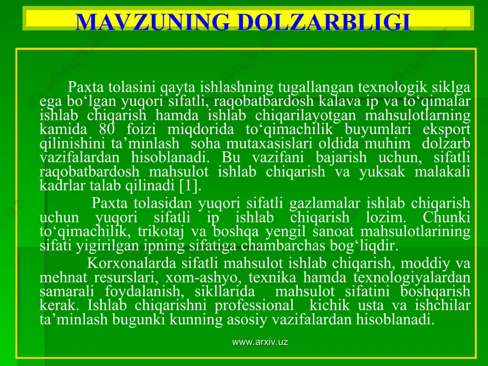 rarsizlantirish usullarini о‘rganish; - kasb-hunar kollejlarida “yengil sanoat mahsulotlari materialshunoslidi” fanidan “takomillashgan pnevmomexanik yigirish texnologiyasi” mavzusini o‘qitishda “aqliy hujum” metodini qo‘llashdan iboratdir. bitiruv malakaviy ishining vazifalari: www.arxiv.uz www.arxiv.uz bitiruv malakaviy ishning yangiligi va amaliy ahamiyati: ip yigirish fabrikalarida pnevmomexanik usulni qо‘llash, bobinadagi ipning og‘irligini 2500 – 4000 gramgacha almashtirmasdan ish jarayonini davom ettirish va kameradagi tezlik hisobiga, mashinalar unumdorligi 4-5 marta oshirish imkoniyatini beradi. mahsulotni davriy qо‘shilishi ipning chiziqli zichligi va mustahkamligi bо‘yicha notekisligini 30-40%ga pasaayishiga va uning ingichka (chidamsiz) joylarini keskin kamayishiga olib keladi. pnevmomexanik usul bilan shtapel paxta tolasidan kalava ip yigirishda kameraning aylanishlar chastotasi 60650 min-1ga oshirish mumkin. yigirish jarayonida bir metr uzunlikdagi ipga 369-429 buram berib, pishitish natijasida kalavaning strukturasi о‘zgarib, о‘zish kuchi va ishqalanishga bardoshligi oshadi. kasb-hunar kollejlarida “yengil sanoat mahsulotlari materialshunosligi” fanidan “takomillashgan pnevmomexanik yigirish texnologiyasi” mavzusini o‘qitishda “aqliy hujum” metodini qo‘llash ishlab chiqildi. “yengil sanoat mahsulotlari materialshunosligi” fanining mazmuni talabalarning bilim va ko‘nikmalarini …