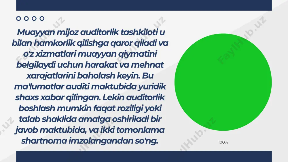 shda auditorlik tashkiloti bajarayotgan tartib-taomillarning natijalarini batafsil hujjatlashtirish kerak, chunki mazkur natijalar auditni rejalashtirish uchun asos hisoblanadi va butun audit jarayoni davomida ishlatilishi mumkin. e’tiboringiz uchun raxmat! image1.png image2.png image3.svg image4.jpeg image5.png image6.svg image7.jpeg image8.jpeg image9.png image10.svg image11.png image12.svg image13.jpeg image14.png image15.jpeg image16.png image17.svg image18.jpeg image19.png image20.svg image21.png image22.svg image23.png image24.svg image25.jpeg image26.jpeg image27.jpeg image28.jpeg image29.jpeg image30.jpeg image31.png image32.png image33.svg /docprops/thumbnail.jpeg