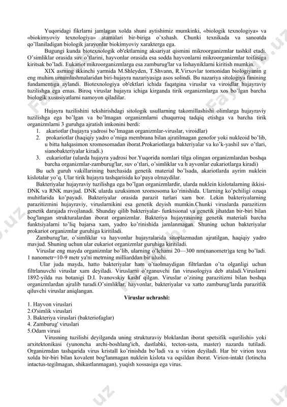 heklaydi va sof mikroorganizmlami ko`paytirishni yengillashtiradi. termofil mikroorganizmlar orasida spirt, aminokislota, ferment, molekulyar vodorodni sintezlovchi vakillari ham mavjud. shuningdek bu mikroorganizmlaming mezofil mikroorganizmlarga nisbatan metabolik faolligi va o`sish tezligi1,5-2,0 marotaba yuqori ekanligi aniqlangan. termofil mikrorganizmlar tomonidan sintezlangan bir qator fermentlar issiqlikka, oksidlovchilar ta’siriga, detergentlar va organik erituvchilar hamda boshqa noqulay ta’sirlarga nisbatan chidamlilik xususiyatini namoyon qiladi. termofil mikroorganizm turlaridan proteaza fermentini ajratib olish 200c haroratda nisbatan 70°c haroratda 100 marotaba faol bo`lishi aniqlangan. termofil mikroorganizmlarda bunday xususiyatning bo`lishi bulardan sanoatda foydalanish uchun muhim ko`rsatgichlardan biri hisoblanadi. masalan, genetik injeneriya usuli bilan termofil bakteriya thermus aquatieus dän taq-polimeraza fermenti ajratib olingan. biotexnologiyada qimmatli xususiyatlarga ega faol produtsentlami yaratishda ob’yektlarni tanlashning muhim xususiyatlaridaii biri seleksiya hisoblanadi. seleksiya uslublari yordamida kerakli produtsent tanlash jarayonining bir bosqichida foydali fenotipni namoyon qiluvchi genomni ongli ravishda konstruksiyalab boriladi. biroq tanlanuvchi organizmlar genomini o`zgartirislining mutlaq samarali uslublari yoqligi sababli bu doim ham ijobiy natija bermaydi. ob’yektlami tanlash …