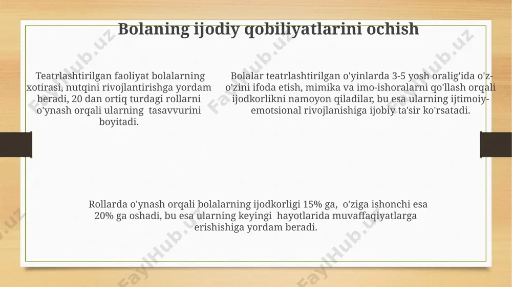 maktabgacha taʼlim tashkilotida sahnalashtirish faoliyatining asosiy maqsadi - Page 5
