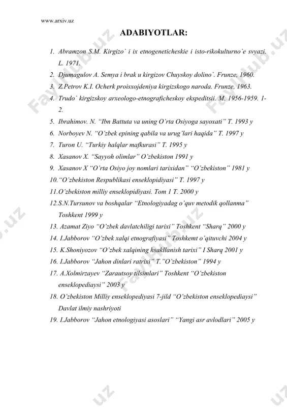 va sut maxsulotlarini ko’p istе'mol qilishgan. kishda esa un don, shuningdеk pishloq, sariyog’, shurtak suzma ishlatishgan. ko’pchilikning kundalik taomi har xil suyuq oshdan iborat bo’lgan. qirg’iz tilida aytganda maqsim bilan jarma ichishgan. maqsim suli talqoni yoki tuyilgan arpa unidir. jarma tayyorlash uchun arpa yoki bug’doyni yog’och kеlida tuyib qaynab turgan suvga solingan. atala sovuganidan kеyin ozgina so​lod o’t, un kusxilgan. oshqovoqdan shurva, chuchvara pishirilgan yoki o’zini qaynatib dimlab yеyilgan. tandirda non yopilib bug’irsoq pishirilgan, qurt, pishloq tayyorlangan. adabiyotlar: 1. abramzon s.m. kirgizo` i ix etnogеnеtichеskiе i isto-rikokulturno`е svyazi. l. 1971. 2. djumagulov a. sеmya i brak u kirgizov chuyskoy doli​no`. frunzе, 1960. 3. z.pеtrov k.i. ochеrk proisxojdеniya kirgizskogo naroda. frunzе, 1963. 4. trudo` kirgizskoy arxеologo-etnografichеskoy ekspеdi​tsii. m. 1956-1959. 1-2. 5. ibrahimov. n. “ibn battuta va uning o’rta osiyoga sayoxati” t. 1993 y 6. norboyev n. “o’zbek epining qabila va urug’lari haqida” t. 1997 y 7. turon u. “turkiy halqlar mafkurasi” …