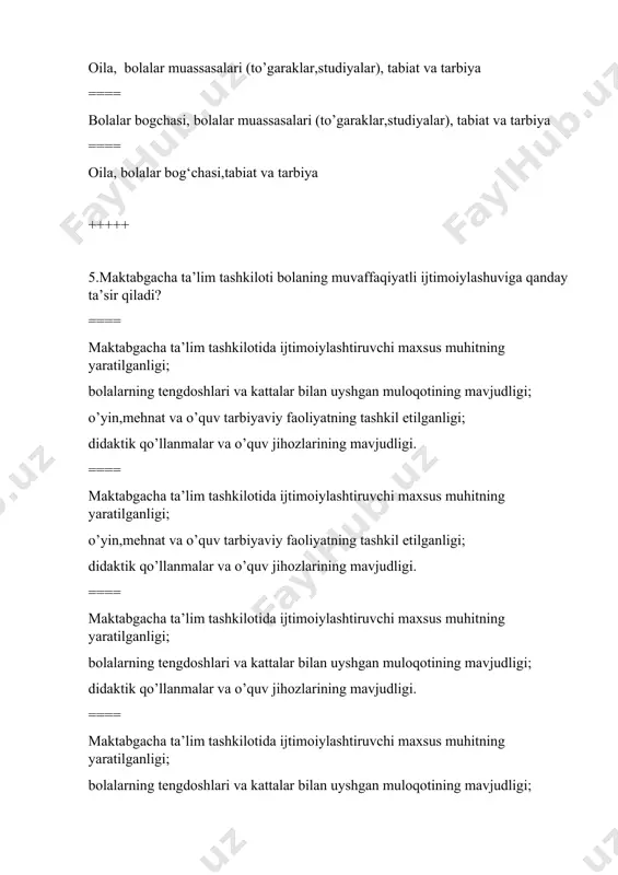==== unda marosim va jamoat faoliyatining boshqa turlarida ishtirok etish orqali shaxsning yanada kattaroq hamjamiyatda ijtimoiylashuvi usullari shakllanadi. +++++ 7.maktabgacha yosh davrida bola nechta inqiroz davrini boshdan kechiradi? ==== -neonatal inqiroz; bolaning tug'ilishidan boshlab 28-kunigacha bo’lgan davri. - bir yosh inqirozi; - uch yosh inqirozi; - yetti yosh inqirozi. ==== -neonatal inqiroz; bolaning tug'ilishidan boshlab 28-kunigacha bo’lgan davri. - bir yosh inqirozi; - uch yosh inqirozi; ==== - bir yosh inqirozi; - uch yosh inqirozi; - yetti yosh inqirozi. ==== -neonatal inqiroz; bolaning tug'ilishidan boshlab 28-kunigacha bo’lgan davri. -uch yosh inqirozi; - yetti yosh inqirozi. +++++ 8.bolaning kompetensiyalari bola rivojining qaysi sohalarida belgilanadi? ==== jismоniy rivоjlаnish vа sоg’lоm turmush tаrzini shаkllаntirish; ijtimoiy-hissiy rivojlanish sohasi kompetensiyalari; nutq, muloqot, o’qish va yozish malakalari sohasi kompetensiyalari; bilish jarayonining rivojlanishi sohasi kompetensiyalari; ijodiy rivojlanish sohasi kompetensiyalari. ==== nutq, muloqot, o’qish va yozish malakalari sohasi kompetensiyalari; bilish jarayonining rivojlanishi sohasi kompetensiyalari; ijodiy rivojlanish sohasi kompetensiyalari …