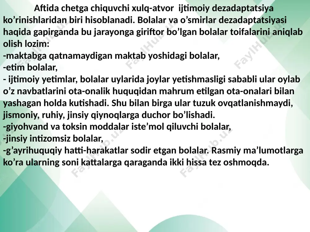 ptatsiyasi –o’qish jarayonidagi qiyinchiliklar bilan bir qatorda o’qituvchilar, sinfdoshlar bilan nizolashishda namoyon bo’ladigan, xulq-atvor buzilishi bilan xarakterlanadigan bola holati; -ijtimoiy dezadaptatsiya-bu holatda o’qishga, maktab jamoasiga qiziqish batamom so’nadi, giyohvandlik, spirtli ichimliklarga qiziqish kuchayadi; -bo’sh vaqtni o’tkazish muhitining kriminallashuvi. reabilitatsiya ob’ektlari quyidagilar: 1. ijtimoiy va pedagogik qarovsiz bolalar. tavakkal guruhidagi bolalarning eng tarqalgan toifasi bo’lib, ularning qiyin tarbiyalanishi ruhiy pedagogik sabablar bilan izohlanadi. qarovsizlikning asosiy belgilari deb yetakchilik faoliyatidagi kamchiliklar, xulq-atvorda chetga og’ish, ijtimoiy adaptatsiya qiyinchiliklarini aytsak bo’ladi. bu bolalar va o’smirlar faoliyatning to’la qonli sub’ekti bo’lmaganliklar uchun ularga asosiy yordamni pedagog, psixolog va ota-onalar ko’rsatishlari mumkin. 2. voyaga yetmagan huquqbuzarlar, yetim bolalar, xulq-atvorida chetga og’ish bo’lgan o’smirlar. bu toifaga avvlambor ijtimoiy adaptatsiyada, ijtimoiy rollarni egallashda yordam ko’rsatish lozim. reabilitatsiyaning asosiy sub’ekti ijtimoiy pedagog bo’lib, u yuqorida sanab o’tilga funksiyalarni bajara olishi, o’smirlar va bolalarga psixologik yordam ko’rsata olishi lozim. 3. psixosomatik va nerv-psixologik sog’ligi buzilgan va funksional og’ishlarga ega bolalar. …