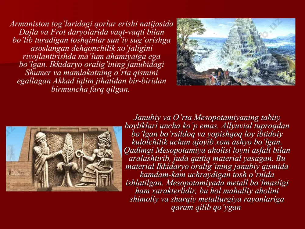 xivlari bilan yaqindan tanishish imkoniyati yetarli edi. qadimgi mesopotamiya tarixiga oid ktesiy qoldirgan ma’lumotlar ham xuddi gerodotniki singari afsonalar, xalq ertaklari va kohinlarning hikoyalariga asoslanganligi bilan xarakterlidir. diodor (mil. avv. i asr) va strabon (mil. avv. i asr oxiri milodiy i asr boshlari) lar ham gerodotning izidan borib ikki daryo oralig’ining tabiati, aholisining turmush-tarzi, urf-odatlari, nikoh hamda dafn marosimlari haqidagi ma’lumotlarni yozib qoldirganlar. strabon yana mesopotamiyaning qishloq xo’jaligi haqida batafsil to’xtalib o’tgan. yunon-rim mualliflarining ishini mil. avv. iv-iii asrlarda yashagan beros davom ettirgan. mesopotpamiya tarixiga oid uchinchi guruh manbalar moddiy-madaniyat yodgorliklari bo’lib, ularning eng yorqin namunasi mixsimon yozuvlardir. mixxat yozuvlari bilan yevropaliklarni birinchi bo’lib italiyalik savdogar petro della velle tanishtirgan. u doro i ning persepoldagi saroyi devorlariga yozilgan mixxat yozuvlaridan ko’chirma olib ketadi. mix shaklidagi naqshga o’xshovchi bu yozuvni o’qishga kirishgan shaxs karsten bo’lsada, uning alifbo ekanligini isbotlash nibburga nasib etadi. u mixxatlarning uch sistemasini hamda 42 belgidan iborat ekanligini …