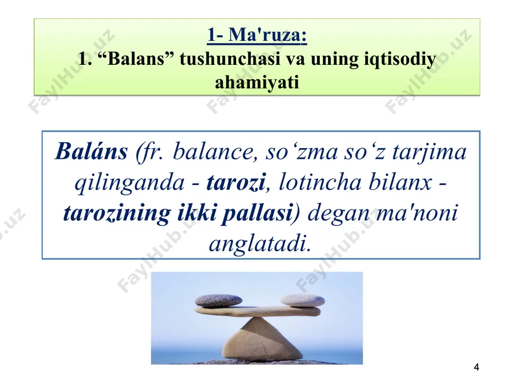 va to‘lovlar zaxiralardan iborat. majburiyatlar – ikki qismga bo‘linadi: uzoq muddatli va joriy majburiyatlar: uzoq muddatli kreditorlik qarzlar, mol yetkazib beruvchilar, ish haqi, soliq to‘lovlari va qisqa muddatli qarzlardan tashkil topadi. * 3. xo‘jalik mablag‘lari va uni tashkil topish manbalari mablag‘lar manbalari (passiv) ustav kapitali qisqa muddatli majburiyatlar kelgusi davr xarjatlari to‘lovlari rezervi rezerv kapitali uzoq muddatli majburiyatlar o‘z mablag‘lari manbalari majburiyatlar qo‘shilgan kapital sotib oligan xususiy aksiyalar taqsimlanmagan foyda maqsadli tushumlar * buxgalteriya balansi shakli ko‘rsatkichlar nomi satr kodi hisobot davri boshiga hisobot davri oxiriga 1 2 3 4 aktiv i. uzoq muddatli aktivlar i. dolgosrochnie aktivi asosiy vositalar: boshlang‘ich (qayta tiklash) qiymati (0100, 0300) 010 eskirish summasi (0200) 011 qoldiq (balans) qiymati (satr. 010 — 011) 012 nomoddiy aktivlar: boshlang‘ich qiymati (0400) 020 amortizatsiya summasi (0500) 021 qoldiq (balans) qiymati (satr. 020 — 021) 022 * buxgalteriya balansi shakli ii. joriy aktivlar hisobot davri boshiga hisobot davri oxiriga …