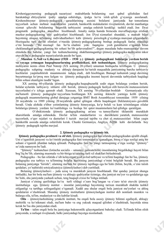 ardlik, yaqinlarga yordam, xususan, kasallar va nochorlarga yordam kabilarni targ‘ib etadilar. xv — xvi asrda avval italiyada, so‘ngra yevropaning boshqa davlatlarida kapitalistik munosabatlar rivojlana boshladi. paydo bo‘layotgan yangi toifa vakillariga, xususan, ziyolilarga asketizmning tamoyillari begona edi. yangi burjua madaniyati shakllana boshlagan bir paytda uni tavsiflash uchun insoniylashtirish va qayta tiklash tushunchalari qo‘llanilgan. gumanizm (insoniylik) tushunchasi yangi madaniyat markazida ilohiylik emas, inson shaxsi turishidan guvoqlik berardi. insonning o‘zi qam qalban va jismonan go‘zal bulishi lozim. u faqatgina uz ongi, kuchi, muvaffaqiyatiga ishonchi, faolligi, irodasi tufayli barcha qadriyatlar va uz baxtining yaratuvchisiga aylana oladi. shu bilan birga, gumanistlar cherkovga ochiqdan-ochiq qarshi chiqmaganlar. ular xudoga buyuk yaratuvchi sifatida qarashgan. xiv — xvi asrlar gumanistlarining aksariyati o‘zlari pedagog bo‘lishgan yoki pedagogik nazariyaga murojaat etishgan. gumanizm g‘oyasi pedagogikada xuddi ana shu davrlardan boshlab kuzatila boshlangan. asl tarbiya o‘z mohiyatiga ko‘ra doim guzallik haqida, uning kelajagi haqidagi g‘amxo‘rlikni bildirgan. uyg‘onish davrida ijtimoiy gumanizm g‘oyalarining amalga oshirila …