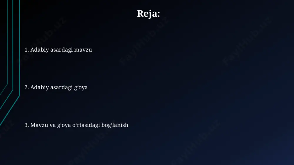 a taʼsiri koʻrib chiqiladi. “mavzu va gʻoyaning talqini va tahlili”da adabiy asarning 20-asr boshlarida buxoro shahrida yaratilgan 3 ta hikoyasidagi ijtimoiy masalalarni tahlil qilish orqali gʻoya chuqurligi oʻrganiladi. adabiy vositalar va ularning mavzu va gʻoyaga taʼsiri 19-asr oxiri va 20-asr boshlarida yozilgan rus realisti yozuvchilari asarlarida, masalan, leo tolstoyning "anna karenina" romanida, ijodiy vositalar orqali ijtimoiy adolatsizlik mavzusi va insoniyat gʻoyasi aniq aks ettirilgan. gʻarb adabiyotida, jumladan, amerikada ernest hemingueyning hikoyalarida sodda til, qisqa gaplar va tasvirlar orqali urushning dahshatli oqibatlari va tinchlik gʻoyasi kuchli taʼsir qiladi. uzbek adabiyotida, xususan, alisher navoiyning "xamsa"sida allegoriya va ramzlar kabi adabiy vositalar orqali insoniy fazilatlar, maʼnaviyat va vatan gʻoyasi chuqur ifodalangan. mavzu: asarning asosiy muammosi oybekning "navoiy" asarida, 15-asr samarqandining siyosiy-ijtimoiy muhiti fonida, 2 ta asosiy mavzu: milliy g'urur va ijodkor shaxsning ichki dunyosi kurashlarini ta'kidlaydi, bu asarning asosiy muammosini tashkil etadi. "mavzu: asarning asosiy muammosi" deganda, masalan, abdulla qodiriyning "o'tkan kunlar" romanidagi …