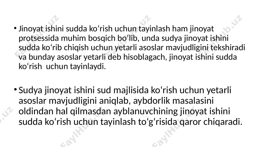tish tartibining belgilanganligi mamlakat hududida majburiy amal qilishi hukmning asosliligi – hukmda ishning haqiqiy holatlari kerakligicha to‘la va yuz berganiga haqiqatan monand tarzda aniqlanganligi. hukmning adolatliligi – hukmda aybdorga nisbatan jazo yoki boshqa ta’sir chorasi u sodir etgan jinoyatning ijtimoiy xavflilik darajasi va uning shaxsi e’tiborga olinib tayinlanganligi, aybsiz shaxs esa oqlanganligi va reabilitatsiya etilganligi. oqlov hukmi – birinchi instansiya sudi tomonidan qabul qilinadigan odil sudlov hujjati bo‘lib, ijtimoiy-siyosiy, huquqiy, axloqiy va tarbiyaviy ahamiyatga ega bo‘lgan ma’lum ichki (qonuniylik, asoslilik va adolatlilik) va tashqi (mutloqlilik, majburiylik, o‘zgarmaslik) xususiyatlari bilan tavsiflanadi hamda shaxsning unga nisbatan e’lon qilingan va sud muhokamasi chog‘ida qo‘llab-quvvatlangan jinoyatni sodir etishda aybsizligini (aybliligi isbotlanmaganligini) o‘rnatadi. sud quyidagi hollarda jazodan ozod qilib, ayblov hukmini chiqaradi, basharti: 1) mazkur hukm bilan sudlanuvchiga tayinlangan jazoni qoʻllashdan ozod qiluvchi amnistiya akti e’lon qilingan boʻlsa; 2) shaxsning hukm chiqqunga qadar qamoqda yoki uy qamogʻida boʻlgan vaqti jkning 62-moddasida nazarda tutilgan dastlabki qamoq …