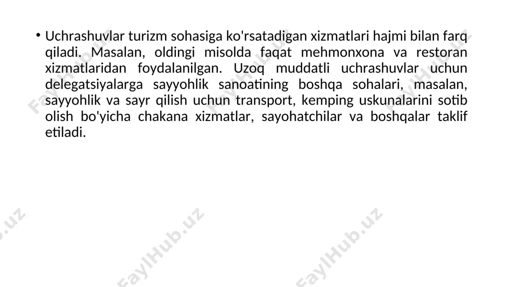digan joyni tanlashdan tashqari, tadbirni rejalashtirishda, turli xil masalalarni muvofiqlashtirishda, masalan, kerakli o'qituvchilar sonini aniqlash, uskunalarni tashish uchun transport vositalari bilan ta'minlash, to'lov jarayonini nazorat qilish va hk. shu bilan birga, ushbu kompaniyalar xodimlaridan kutilmagan holatlarda, masalan, aeroportda parvozning kechikishi yoki ob-havo sharoiti yomonlashganda rejalashtirilmagan masalalarni hal qilish uchun etarli darajada professionallik talab etiladi. xalqaro maydondagi konsalting kompaniyalari professional tashkilotlarga birlashadilar, masalan, xalqaro professional kongress tashkilotchilari uyushmasi (iapco). professional tadbir tashkilotchilari, o'z navbatida, tez-tez o'z mintaqasini yoki shahrini yaxshi biladigan va delegatlarni mehmonxonaga yoki boshqa manzilga uzluksiz o'tkazib yuborishni ta'minlaydigan, shaxsiy ko'ngil ochish va ma'rifiy dasturlarni (shaharning diqqatga sazovor joyida kechki ovqatni) tashkil eta oladigan mahalliy operatorlardan yordam so'rashadi. yoki kruiz kemasi, xarid qilish va hk). uchrashuv sanoat markazlarini targ'ib qiluvchi asosiy organlar yig'ilish byurolari va mahalliy va milliy sayyohlik tashkilotlarining ish safarlar bo'limidir. ular materiallarni nashr etadilar, ularni yig'ilish tashkilotchilariga tarqatadilar, mehmonxonalar va konferents-markazlarga uchrashuvlarni tayyorlashda yordam beradilar va …