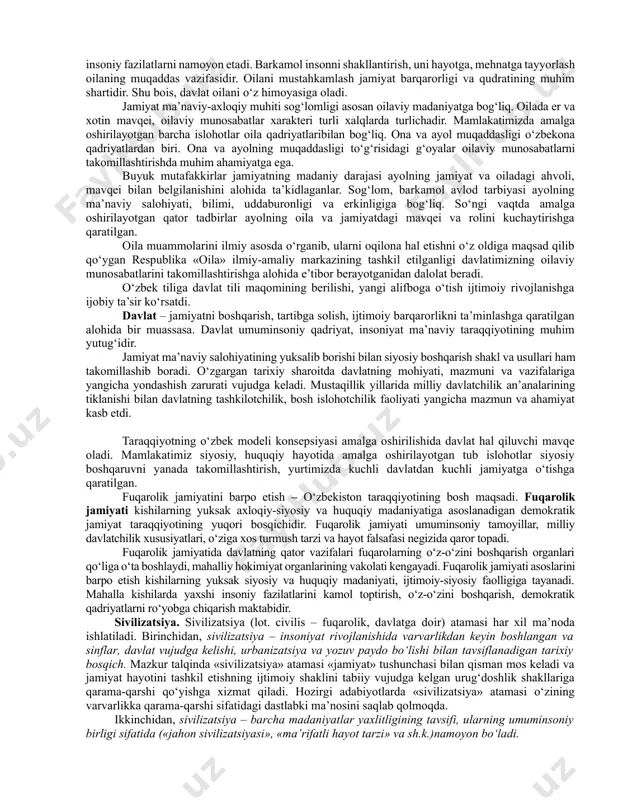 rni hal etish vazifasi paydo bo‘ladi. jamiyat a’zolarining ma’naviy salohiyati, milliy psixologiyasi, tabiiy ravishda mavjud siyosiy tuzum kishilarni boshqarishning o‘ziga xos usullarini hayotga tadbiq etadi. insoniyat hayoti tarixida jamiyat barqarorligini ta’minlashning monarxiyaga asoslangan, aristokratik, totalitar va demokratik usullari tajribadan o‘tgan. beqarorlik ichki va tashqi jarayon, tahdidlar natijasida vujudga keladi. beqarorlik bir ijtimoiy-siyosiy tuzumdan boshqa bir ijtimoiy-siyosiy tuzumga o‘tish davrida keskinlashishi mumkin. jamiyat barqarorligining izdan chiqishi kishilar psixologiyasidagi salbiy o‘zgarishlar, qonunlarning ishlamasligi, ijtimoiy burchning ado etilmasligi, ijtimoiy ideallarning yo‘qolishi, g‘oya va mafkuraga loqaydlikning kuchayishi, turli jinoiy guruhlarning paydo bo‘lishi, ijtimoiy adolat mezonlarining buzilishi, davlat idoralarining aholini boshqarish qobiliyati kuchsizlanishi, turli ziddiyatlarning keskinlashuvida ko‘rinadi. jahon tajribasi har bir mamlakat va xalqning o‘z taraqqiyot yo‘lini tanlash huquqiga ega bo‘lishi umumxavfsizlik va ijtimoiy barqarorlikni ta’minlash garovi ekanini tasdiqladi. o‘zbekiston milliy mustaqillikka erishgach, o‘z milliy davlatchilik asoslarini mustahkamlash, o‘ziga xos va mos taraqqiyot yo‘lini tanlash, rivojlanishning o‘zbek modelini yaratish imkoniga ega bo‘ldi. o‘zbekiston respublikasi birinchi …