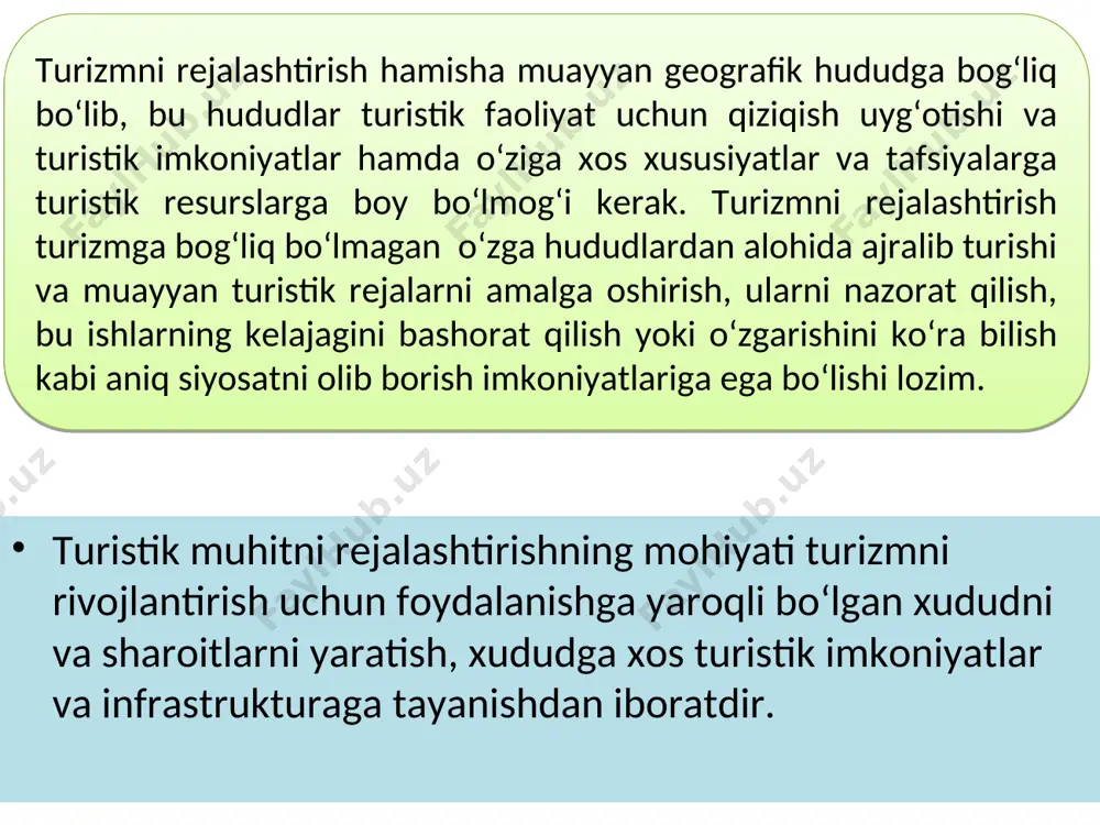 ’sir, bunda turizmning ayrim muassasalari orasidagi aloqadorlik va hamkorlikning etishmasligi, turizm industriyasiga qiziqish haqidagi tushinchalarning eskirishi, turizmning mahalliy hokimiyatlar tomonidan yetarlicha qo‘llab – quvvatlanmasligi, turizm industriyasining umumiy qiziqishlariga etarlicha baho bermaslik va uning faoliyatini tashkil qila olmaslik holatlari ro‘y berishi mumkin. boshqa ta’sirlar, turistlarni jalb qiladigan ob’ektlarning kamligi va tashkilotchilik tadbirlarining etishmasligi, turizmda mavsumiylik omilining e’tiborga olinmasligi, turistlarning muhitda uzoq tura olmasligi, turizm axborot tizimining etarlicha rivojlanmaganligi va hokazolar. shunday qilib, turizmni rejalashtirishning asosiy maqsadi shundan iboratki, unda marketingga, ijtimoiy va atrof – muhitga ko‘rsatilishi mumkin bo‘lgan salbiy ta’sirlardan chekinish, ularning oldini olish, hamda turizm rejalashtirilmagan hollarda yuz beradigan salbiy omillarga qarshi turish eng muhim masaladir. turizm industriyasi – kompleks rejalashtirish ob’ekti bo‘lib, milliy darajada rejalashtirish quyidagilarni o‘zida ifoda etadi, turizm rivojlanadigan tumanlarni aniqlash, belgilash va ushbu tumanlarda mavjud bo‘lgan u yoki bu turistik ob’ektlarni ziyoratgohlarni aniqlash va belgilash, milliy turistik siyosatni, rejalarni va dasturlarni turizmni istalgan darajada rivojlantirishga qaratib …