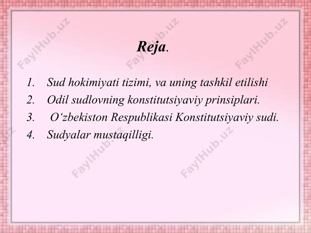 aqdimno-masiga binoan qoraqalpog‘iston respublikasi jo‘qorg‘i kengesi tomonidan saylanadilar yoki tayinlanadilar. o‘zbekiston respublikasida odil sudlov faqat sud tomonidan amalga oshiriladi. boshqa hech qanday davlat organi fuqaroviy, jinoiy va boshqa ishlarni ko‘rish va hal qilish huquqiga ega emas. bu qonunchilikni amalga oshirishni, fuqarolarning huquqlari va qonuniy manfaatlarini himoya qilishni ta'minlaydi. «sudlar to'g‘risida»gi qonunga asosan, odil sudlovni amalga oshirish vazifasi faqat ma'lum huquqqa ega bo‘lgan, o‘z burchini professional asosda amalga oshiruvchi, huquqshunoslik ixtisosiga ega bo‘lgan shaxsga topshiriladi. o‘zbekiston respublikasi oliy sudi, oliy xo‘jalik sudi sudyasi bo‘lib saylanish uchun oliy yuridik ma'lumotga ega bo‘lish, huquqshunoslik ixtisosi bo‘yicha kamida yetti yillik, shu jumladan, qoida tariqasida sudya bo‘lib kamida besh yillik mehnat stajiga ega bo‘lish va malaka imtihonini topshirgan bo‘lish talab etiladi. sudyalar siyosiy partiyalar va harakatlarning a'zosi bo‘lishlari hamda boshqa haq to‘lanadigan lavozimni egallashlari mumkin emas. qonunda sudyaning shaxsiy xavfsizligini saqlash choralari ham ko‘rsatilgan. masalan, sudyaga nisbatan jinoyat ishi faqat o‘zbekiston respublikasi bosh prokurori tomonidangina …