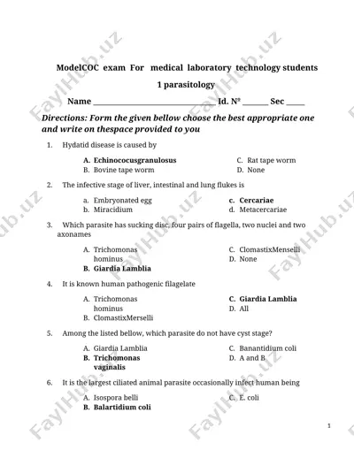 modelcoc exam for medical laboratory technology students — DOC