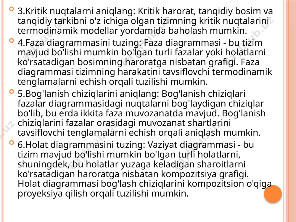 aning konsentratsiyalari aniqlanadi, buning uchun sistemada turgan kolbadagi suv qatlamidan pipetka yordamida 2 ml dan olinib 0,05 n kon eritmasi bilan fyenolftalein ishtirokida titrlanadi. bunda ham 3 martadan titrlab, o‘rtacha natija olinadi va suv qatlamida qolgan sirka kislotasining konsentratsiyalari (ckis) yuqoridagi formula yordamida topiladi. efir qatlamiga o‘tgan sirka kislotasining konsentratsiyasi (s2) ni, boshlang‘ich konsentratsiyadan suv qatlamidagi konsentratsiya (s1 ni ayirib topiladi. c2=co-c1. so‘ngra sirka kislotani suv efir sistemasidagi taqsimlanish koeffitsenti k=s1/s2 formula bilan hisoblanadi. ishning maqsadi: suv va efir sistemasida sirka kislotaning taqsimlanish koeffitsentini aniqlash kerakli reaktivlar va jihozlar: shtativ, buyritka, o’lchov silindri, tagi yassi kolba, yog’, suv, sirka kislota, naoh ishqori, fenolftalin ishni hisobot: biz bugun laboratoriya mashg’ulotimizda suv va efir sistemasida sirka kislotaning taqsimlanishini koeffitsentini aniqlash mavzusida tajriba olib bordik. laboratoriya mashg’ulotimizda h2o va efirga sirka kislota qo’shishimiz kerak edi bizda efir bo’lmaganligi uchun yog’dan foydalandik. biz dastlab ch3cooh dan 20 ml o’lchab oldik. shlifli kolbaga solamiz va …