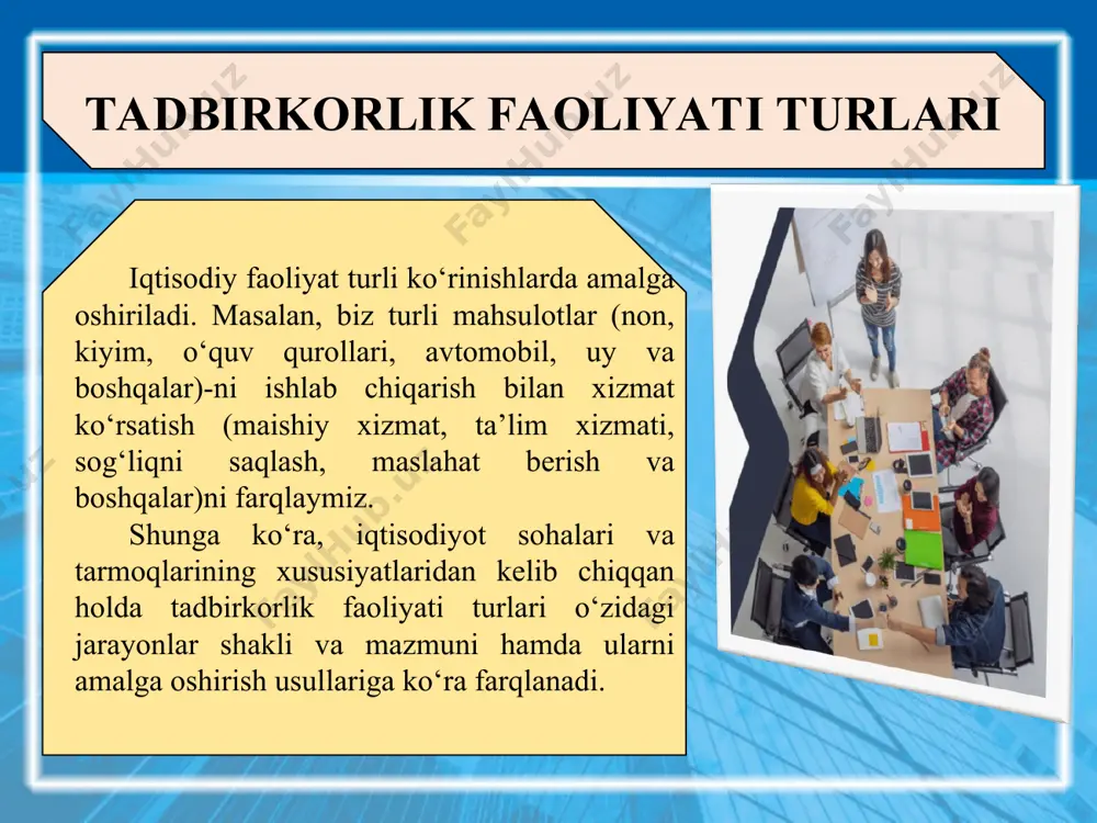 qo‘yish talab qilinadi. sug‘urta faoliyati hayot turli tasodiflarga, kutilmagan hodisalarga to‘la. har qanday kishi kutilmaganda sog‘lig‘ini, tabiiy ofat yoki baxtsiz hodisa tufayli molmulkini yo‘qotishi mumkin. shuningdek, bozor iqtisodiyoti sharoitida hech kimning faoliyat natijasi to‘liq kafolatlanmagan bo‘lib, korxonalar moliyaviy inqirozga yuz tutishi mumkin. shunday holatlarda sug‘urta faoliyatiga ehtiyoj seziladi. sug‘urta – turli xil kutilmagan holatlar natijasida yuzaga keladigan moliyaviy muammolardan muhofaza qilish faoliyati. sug‘urta faoliyati ham tadbirkorlikning maxsus turi hisoblanadi. unga mulk sug‘urtasi, hayot va sog‘liqning shaxsiy sug‘urtasi, risk sug‘urtasi, javobgarlik sug‘urtasi kabilar kiradi. umumiy holda sug‘urta tadbirkorligini sug‘urta xizmatlarining oldi-sotdisi sifatida tavsiflash mumkin. tadbirkorlik turlarining umumiy tahlili siz shug‘ullanmoqchi bo‘lgan tadbirkorlik turidan muvofiqini tanlash uchun har bir tadbirkorlik turining xususiyatli belgisi bo‘yicha ma’lumotlarni umumiy jadval yordamida tahlil qilishingiz mumkin. bunda muayyan belgining murakkablik darajasini baholash uchun «past» – 1 ball, «ahamiyatli» – 2 ball, «yuqori» – 3 ball bilan ifodalab olamiz. masalan, ishlab chiqarish tadbirkorligida moddiy resurslar (bino, inshoot, texnologik …