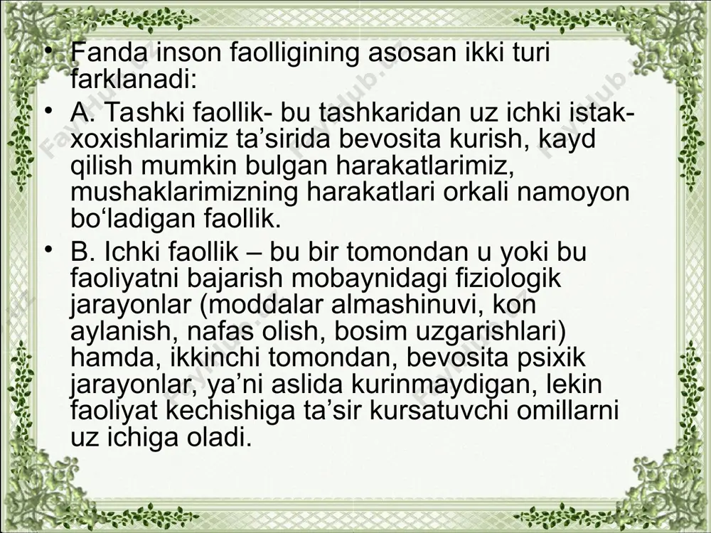 ltiruvchi holatdir. kishining faolligi ehtiyojlarining qondirilishi jarayonida namoyon bo‘ladi. xuddi shu o‘rinda odam bilan hayvonning xatti-harakatlari faolligi o‘rtasidagi tafovutlar ayon bo‘ladi. hayvon o‘z ehtiyojlarining obyektini egallab olish uchun faol intilishga da’vat etishi ehtimoli borligini o‘zining tabiiy tuzilishiga ko‘ra bamisoli oldindan bilishi tufayli faollik bilan harakat qiladi. hayvonlar ehtiyojining qondirilish jarayoni ularning muhitga yaxshiroq moslashuvini ta’minlaydi. odamning faolligi va faollikning manbai bo‘lgan insoniy ehtiyojlari tamomila boshqacha manzara kasb etadi. kishining ehtiyoji uni tarbiyalash, ya’ni kishilik madaniyati olami bilan yaqinlashtirish jarayonida shakllanadi. kishining o‘z ehtiyojlarini qondirish jarayoni ijtimoiy taraqqiyot bilan belgilanadigan faoliyat shaklini egallashning faol, muayyan maqsadga yo‘naltirilgan jarayoni sifatida alohida ajralib turadi. ehtiyojlar qondirilishi jarayonida rivojlanib va o‘zgarib boradi. kishining ehtiyojlarini to‘liq qondirish uni har tomonlama rivojlan-tirishning eng muhim shartlaridan biri hisoblanadi. kishining ehtiyojlari ham ijtimoiy, ham shaxsiy xususiyatga egadir. bu, birinchidan, hatto shunchaki tor ma’nodagi shaxsiy xususiyatga ega bo‘lib tuyuladigan ehtiyojlarni qondirish uchun ham ijtimoiy mehnat taqsimotining mahsulidan foydalanilishida o‘z …