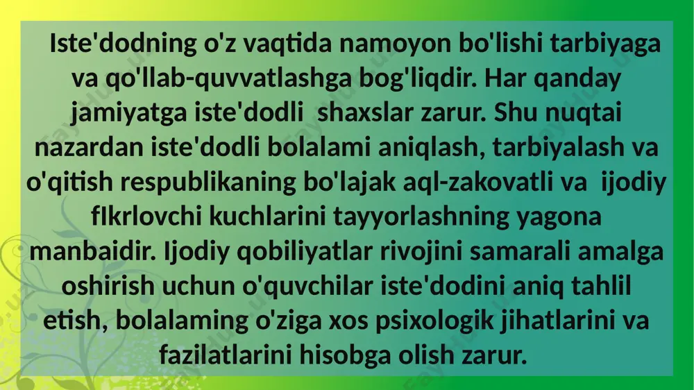 o'qitishni ta'minlash quyidagi omillarga bog'liq: ushbu aniqlashning ijtimoiy ahamiyati respublikaning zakovati, ijodkorligi, kuch-qudratini tayyorlashning istiqboli bilan bog'liqligini tushunishga; ruhiy diagnostik uslubiyat, uslubiy materiallari bo'lgani holda turli yoshdagi gumhlarda aniqlashning umumiy dasturlari yaratilishiga; iste'dodli bolalar (maxsus tayyorlangan rejalar, dasturlar va ilmiy asoslangan uslubiyat va hokazo bo'yicha) bilan ishlash uchun ixtisoslashgan muassasalarning yagona tarmog'ini targ'ib etishga; ommaviy o'quv yurtlarida iste'dodli bolalar bilan ishlash uchun zamr o'quv-dasturiy qo'llanmalarini ishlab chiqishga; joylarda mahsus guruhlar tomonidan ishlab chiqilgan xalq ta'limi, davlat va jamoat muassasalari, ijodiy uyushmalar tomonidan tasdiqlangan dasturlarga uchlm mablag' ajratish, ularni ta 'min lashga; qo'yilgan vazifalarni hal qilishga keng jamoatchilik diqqatini jalb qilishga, respublika metodik kengashining tuzilishiga ilmiy tadqiqotlar maktablar uchun me 'yoriy hujjatlar, sinf ishlanmalari majmuiga, iste'dodli o'quvchilar haqida ma'lumotlar manbaini yaratishga, ularni o'qitish va tarbiyalashning (tabaqalashtirish, individuallashtrish, insonparvarlashtirish) yagona uslubiy asosini yaratishga bog'liq. lqtidorli bolalar va iste' dodli yoshlarni chet ellarda umumiy va kasbiy jihatdan tayyorgarlikdan o'tkazishga qaratilgan sobitqadam faoliyatni amalga …