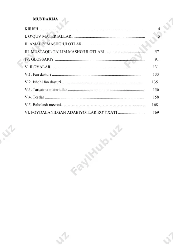 i; · xususiy biznesni davlat tomonidan qo`llab-quvvatlash, biznes va xususiy korxonalarning maqsadi, vazifalari, tashkil etilish tajribasini tahlil eta olishi, xorijiy kredit linyalari va investitsiyalaridan unumli foydalana bilishi va ulardan foydalana olishi; · talaba xususiy tadbirkorlik faoliyatni rejalashtira olishi kerak, biznesga oid yig`ilgan axborotlarni qayta ishlab, tashkil etishni, xususiy tadbirkorlik faoliyatni rejalashtira olish, jahon bozoriga raqobatga bardosh beradigan yuqori sifatli mahsulot turlarini ishlab chiqarish ko`nikmalariga ega bo`lishi kerak. i. o‘quv materiallari. 1-modul. biznesga kirishning umumiy asoslari 1-mavzu: fanning maruza mashg`ulotlari mazmuni. reja: 1.1.kirish 1.2.biznesga kirish yo'llari 1.3. biznesni tadqiq etish usullari fanni o‘qitishdan maqsad - talabalarga biznes faoliyatini tahlil qilishning murakkab bo‘lgan usullari orqali turli raqobat jarayonlarini, kon’yunkturaviy o‘zgarishlarni yoritib berish, shu bilan bir satorda biznes muhitini tashkil etish, iste’molchi xulq-atvorini modellashtirish, tovarning sifati, uning raqobatdoshligini ta’minlash, firmaning bozordagi strategiyalarini to‘g‘ri tanlash bo‘yicha yo‘nalish profiliga mos bilim, ko‘nikma va malaka shakllantirishdir. fanning vazifasi - talabalarga ishlab chiqaruvchilar o‘rtasida sog‘lom raqobatni ta’minlashning …