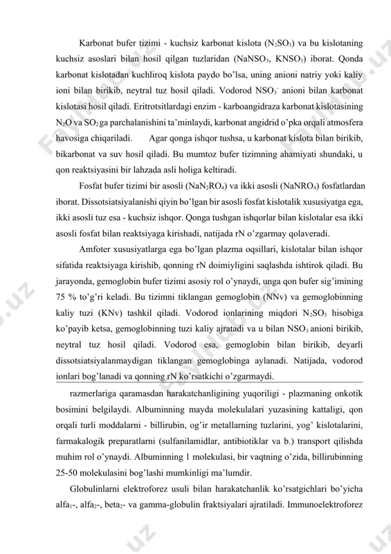 ta-globulinlar, qonda fosfolipidlar, xolesterin, steroidli gormonlar, metalli kationlarni transport qilinishida qatnashadilar. ulvr, plazmadagi barcha yog’lar va lipidlarning 75 % ni rastvorda ushlab turadi. tarkibida metall bo’lgan oqsil-transferrin qonda temirni tashishni amalga oshiradi. transferrinning har bir molekulasi 2 atom temirni o’zida olib yuradi. gamma-globulinlar eng past elektr harakatchanligi bilan farqlanadi. oqsillarning bu fraktsiyasiga, organizmni turli viruslar va bakteriyalar kirishidan himoya qiluvchi turli antitanalar kiradi. ushbu fraktsiyaning miqdori hayvonlar immunizatsiya qilinganda ko’payadi. gamma-globulinlarga qondagi agglyutininlar ham kiradi. fibrinogen beta- va gamma-globulinlar o’rtasida oraliq holatni egallaydi. bu oqsil, ma’lum bir sharoitlarda erimaydigan xususiyatiga ega bo’lib qoladi. va bunda tolali struktura (fibrin) holatiga o’tadi. qon plazmasida fibrinogen miqdori atigi 0,3 % bo’lsa ham, aynan uni fibringa aylanishi qonni ivishiga va bir necha daqiqa ichida zich qotishmaga aylanishini belgilaydi. qon zardobi tarkibi jihatidan fibrinogeni yo’qligi bilan plazmadan farqlanadi. albuminlar va fibrinogen jigarda, globulinlar esa - jigarda, ko’mikda, taloqda, limfatik tugunlarda hosil bo’ladi. normal ovqatlangan odam …