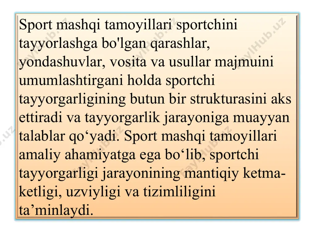 ng birligi tamoyili sportda ixtjsoslashish sportchining har tomonlama rivojlanishini inkor etmaydi. aksincha, organizmning funksional imkoniyatlarini umumiy yuksaltirish, jismoniy va ruhiy qobiliyatlarini har tomonlama rivojlantirish asosidagina tanlangan sport turida mumkin qadar ko‘proq yutuqqa erishiladi. sport amaliyotidagi butun tajriba ham, tadqiqotlarning juda ko‘p ma’lumotlari ham ana shuni ta’kidlaydi. sport yutuqlari sportchining har tomonlama taraqqiy etganligiga bog‘liqligining ikkita asosiy sababi bor. birinchidan, organizmning ajralmas ekanligi - uning barcha a’zolari tuzilma va funksiyalari faoliyat va taraqqiyot jaroyonida o‘zaro uzviy bog‘liqdir. qaysi jismoniy fazilat ko‘proq, qaysinisi kamroq rivojlanishi zarur ekani har qaysi sport turida o‘ziga xos nisbatda bo‘lsa-da, biroq jismoniy qobiliyat g‘oyat yuksak darajada bo‘lishi shart, yani har tomonlama rivojlanish jarayonidagina bunga erishish mumkin. ikkinchidan, turli harakat malakalari va mahoratlari o‘zaro hamkorlikda ishlaydi va shakllanadi. sportchi tomonidan o‘zlashtirilgan harakat malakalari va mahoratlari doirasi qanchalik keng bo‘lsa, albatta, tanlangan sport turining o‘ziga xos xususiyadariga bog‘liq bo‘lgan ma’lum me’yorda harakatlarning yangi shakllarini yaratish va ilgari o‘zlashtirilganini takomillashtirish …