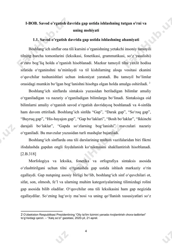 a bu bosh bo’laklarni o‘rganishga muqaddima bo‘ladi. 3-sinf gap ustida ishlashda yangi bosqichdir. o‘quvchilar gapni amaliy o‘rganishdan tushuncha sifatida o’rganishga o‘tadilar. ular gapning muhim belgilarni bilib oladilar. bu bosqichda bosh va ikkinchi darajali bo‘laklarning ta’rifi, ega va kesim atamalari kiritiladi. bu sinfda gapda so‘zlarning bog‘lanishiga katta e’tibor beriladi. o‘quvchilar gapning asosi (ega va kesim) ni ajratadilar, ikkinchi darajali bo‘laklarni farqlaydilar va gapdagi ikki so‘z (hokim va tobe so‘z)ni, so‘zlarning grammatik jihatdan, ya’ni qo‘shimchalar orqali bog‘lanishni bilib oladilar.shuningdek, gapning maqsadga ko‘ra turlari, darakgap, so‘roq gap, buyruq gap hamda his-hayajon gaplarning o‘ziga xos jihatlari bilan tanishadilar. [3. b.28-53] 4-sinfda “nutq. matn” mavzusini o‘rganish bilan gap haqidagi bilim kengaytiriladi. xususan, o‘quvchilar matn nutqning yozma shakli ekanligi, uni qismlarga bo‘lish, unga sarlavha qo‘yish, reja tuzish mumkiinlgi haqidagi tushunchlarga ega bo‘ladilar. [4. b. 142] shunday qilib, o‘quvchilarda gap bo‘laklari haqidagi tasavvurni o‘stirish gapni o‘zlashtirishda yetakchi hisoblanadi. birinchidan, boshlang’ich sinf o‘quvchilari gap bo‘laklarini ikkita katta guruhga …