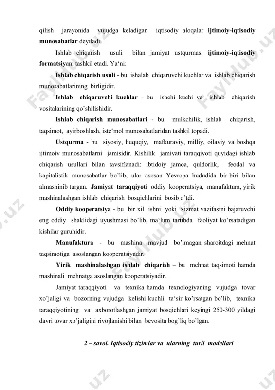 – savol. iqtisodiy tizimlar va ularning turli modellari jamiyat taraqqiyotining barcha bosqichlarida amal qiladigan xo’jalik yuritishning iqtisodiy va ijtimoiy tuzilishi birgalikda iqtisodiy tizimni tashkil qiladi. iqtisodiy tizimlar quyidagi ko’rinishlarda turkumlanadi: 1. an‘anaviy iqtisodiyot; 2. ma‘muriy bo’yruqbozlik iqtisodiyoti; 3. bozor iqtisodiyoti tizimi. a‘anaviy iqtisodiyot - barcha mamlakatlar uchun xos bo’lib, unda natural yoki mayda tovar xo’jaligi xukmronlik qilgan. texnika taraqqiyoti va uning yangiliklarini joriy qilish cheklangan bo’lgan. ma‘muriy-bo’yruqbozlik iqtisodiyoti - bu bozor iqtisodiyotiga qarama-qarshi bo’lgan tizim bo’lib, bu tizimda davlat mulkchiligi hukmron bo’ladi va iqtisodiyot markazdan boshqariladi. bozor iqtisodiyoti tizimi – bu iqtisodiyotni rivojlantirishda eng muhim bo’lgan tizimdir. bu ikki bosqichga egadir. birinchisi, erkin raqobatga asoslagan klassik bozor iqtisodiyoti, ikkinchisi esa, hozirgi zamon rivojlangan bozor iqtisodiyoti bo’lib, uni aralash iqtisodiyot tizimi deyiladi. erkin raqobatga asoslangan bozor iqtisodiyoti - tadbirkorlikda erkinlik amal qiladigan va shaxsiy manfaat ustun turadigan tizimdir. iqtisodiy jarayonlarga davlatning aralashuvi cheklangan bo’lib, davlat xususiy mulkni himoya qiladi va erkin …